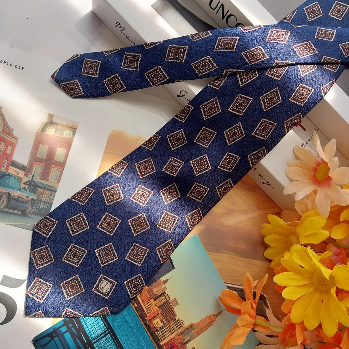 던힐 실크 네이비 기하 패턴 넥타이 9.1cm A등급 K2600 상품이미지3