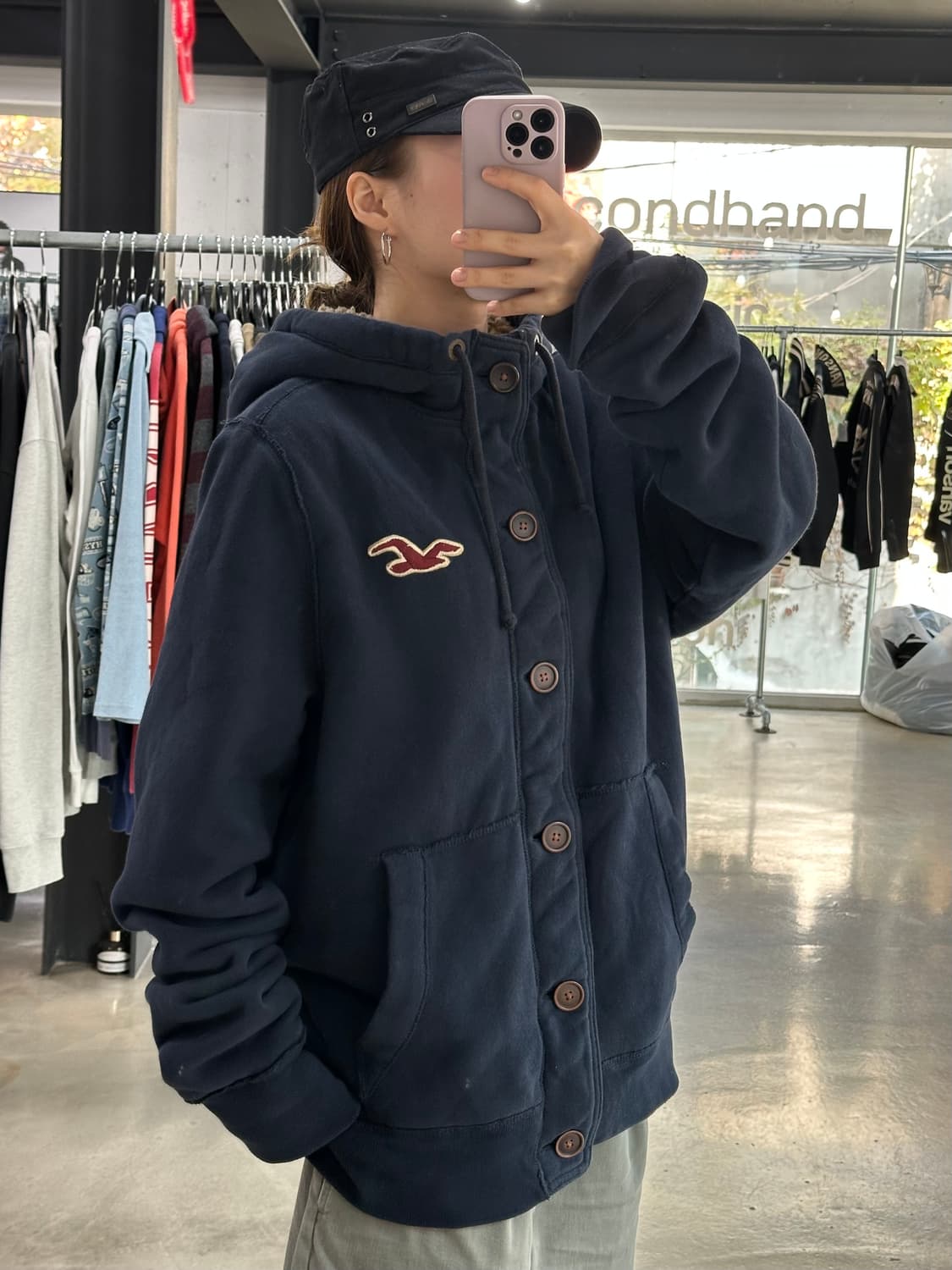 홀리스터 양털 버튼 후드점퍼 네이비 상품이미지3