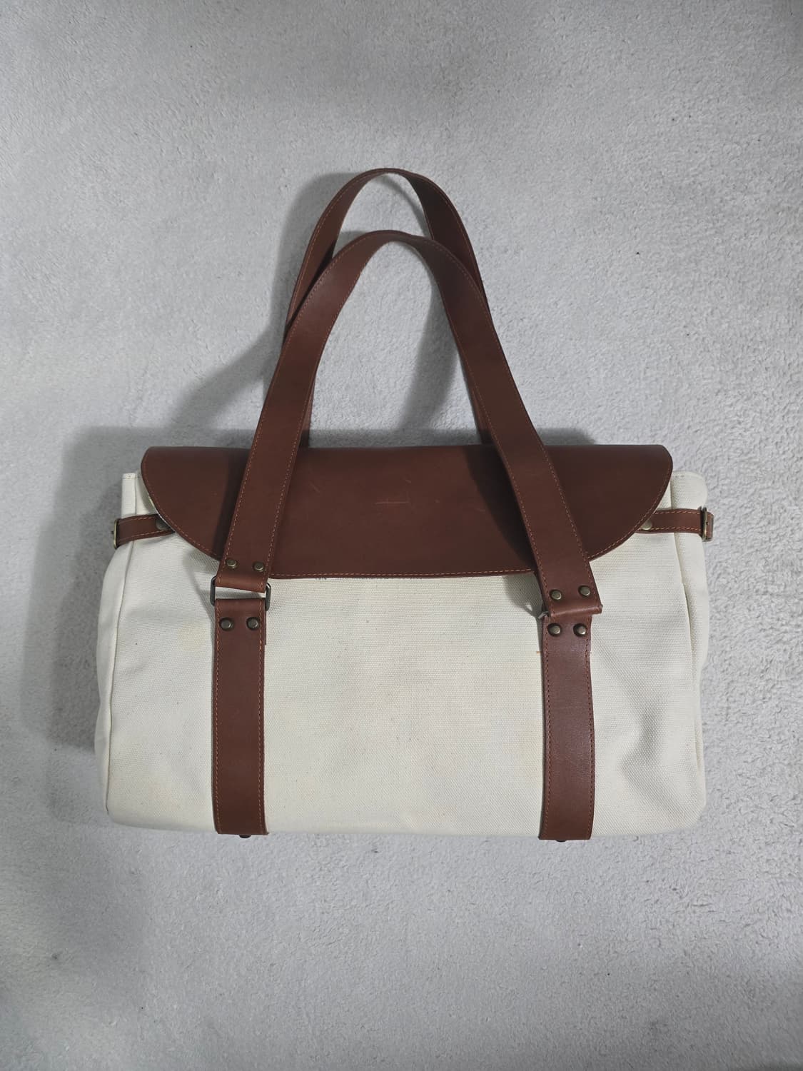 일본빈티지 화이트 캔버스 브라운 가죽 토트백 상품이미지1