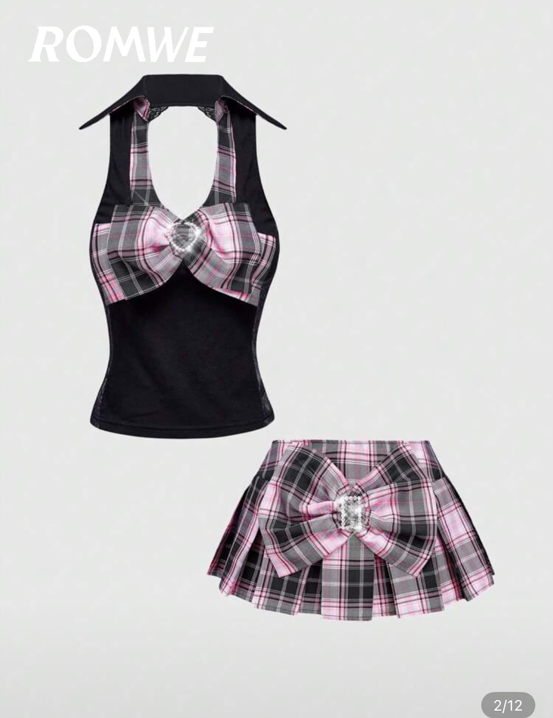 쉬인 히메갸루깔 리본탑 체크 스커트 세트   상품이미지1