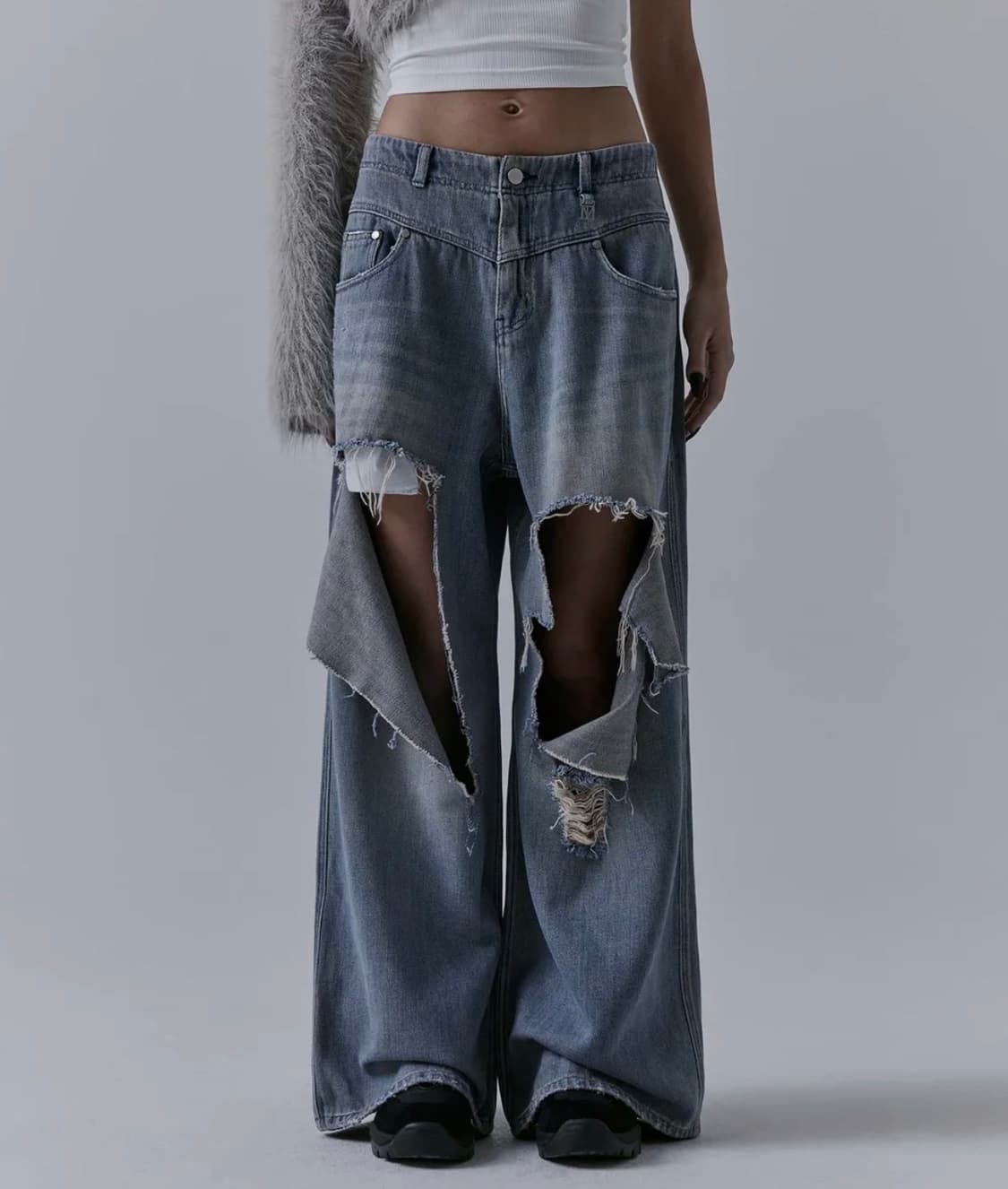 트리밍버드 플립 컷아웃 데미지 데님팬츠 상품이미지1