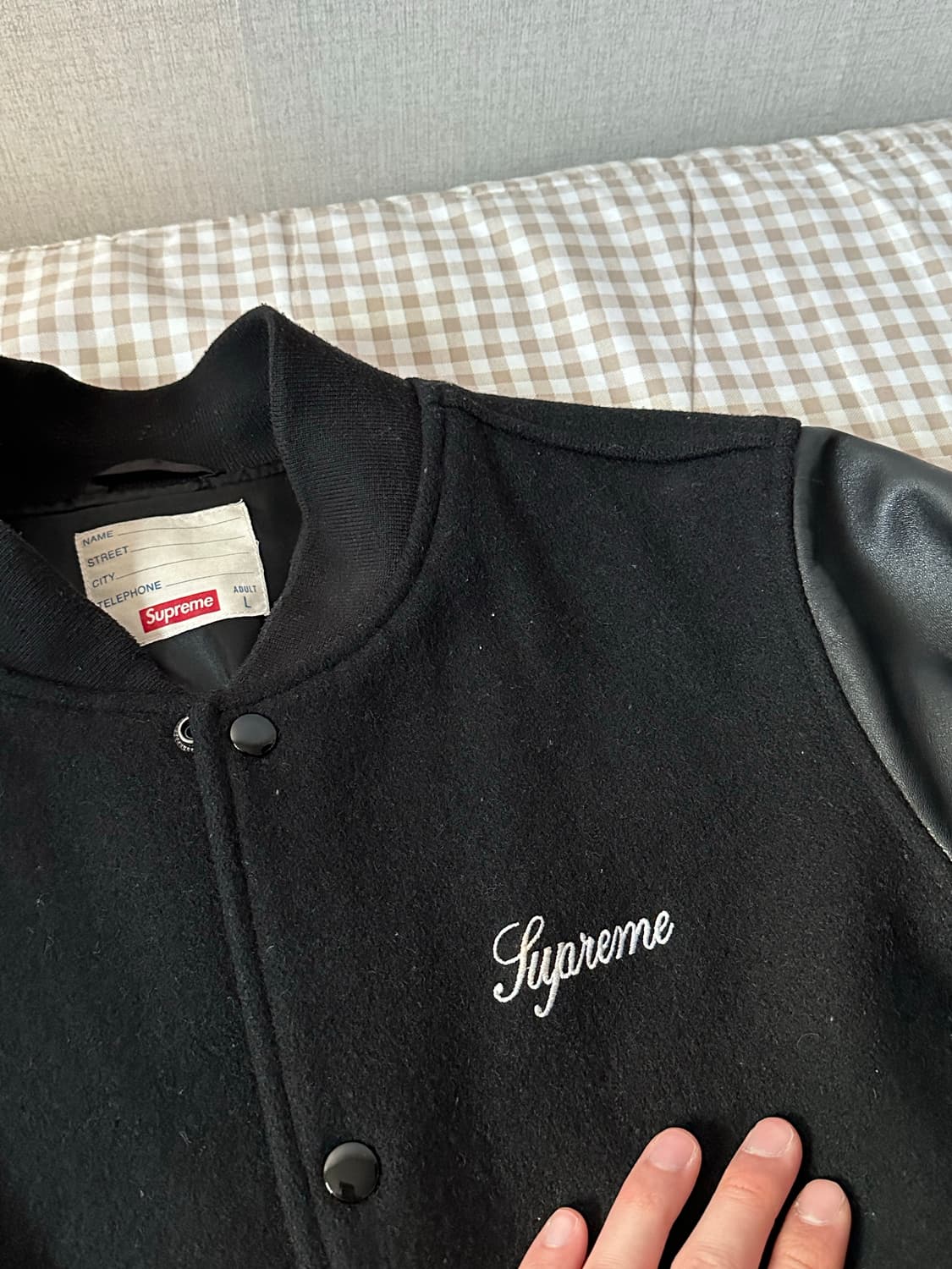 L사이즈 슈프림 리얼 레더 슬리브 TEAM 바시티 자켓 블랫 상품이미지2