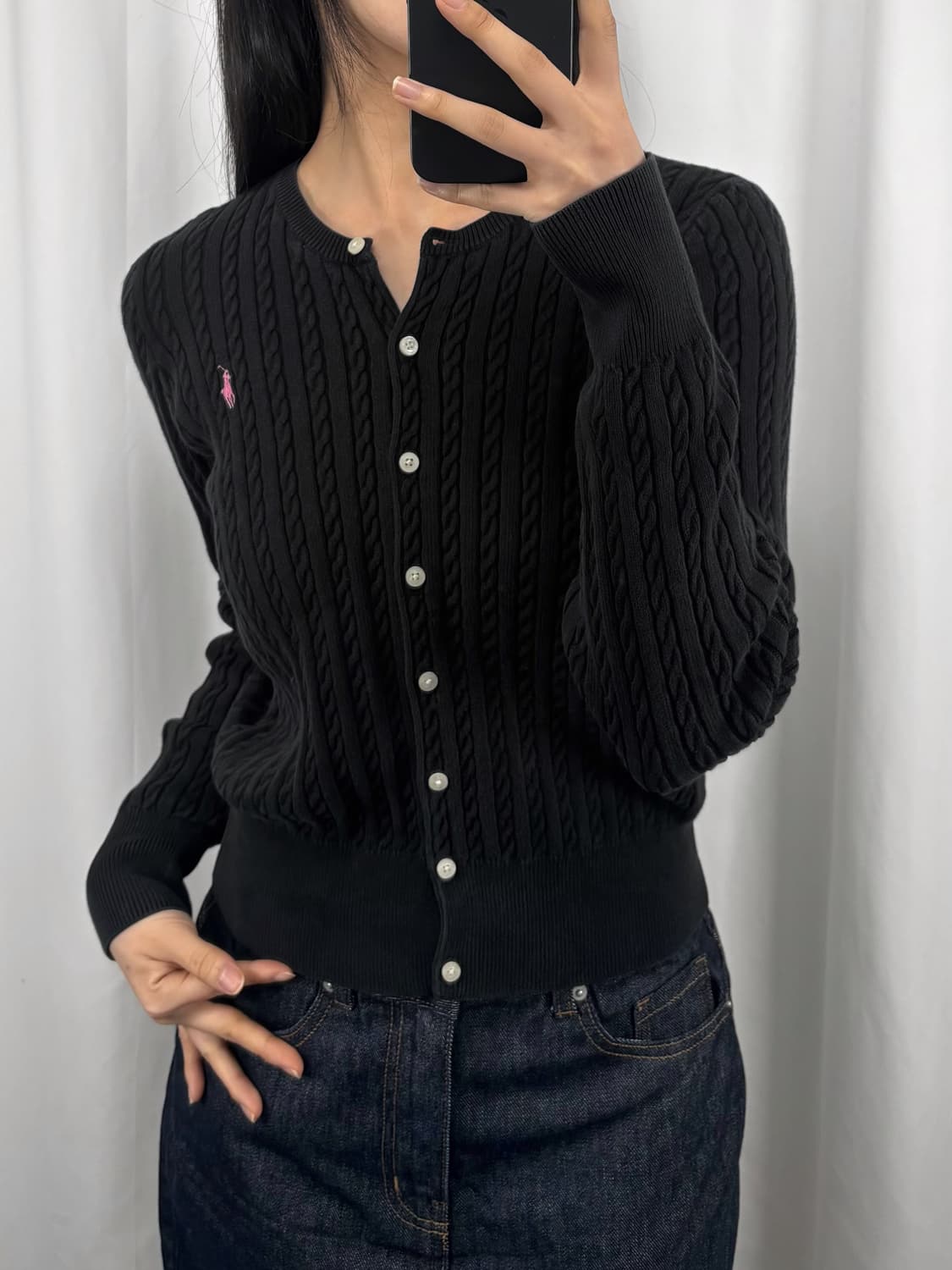 폴로 핑크 포니 블랙 꽈배기 가디건 상품이미지2