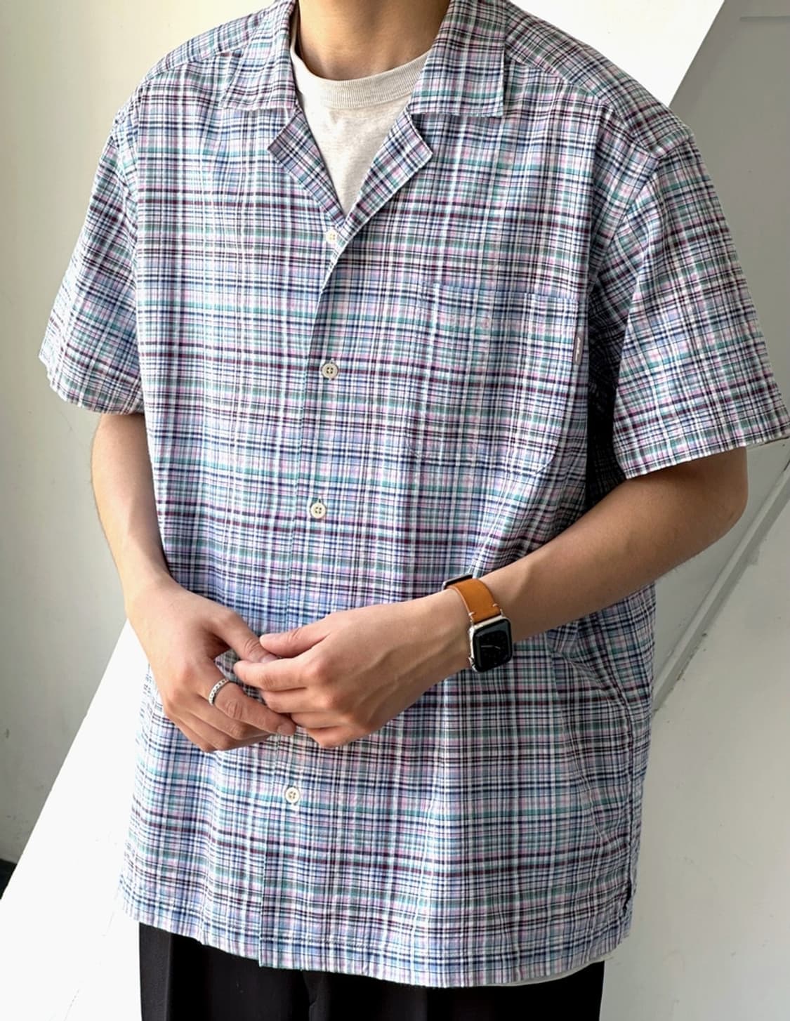 Cotton suker wrinkled open collar H/S sh 상품이미지7