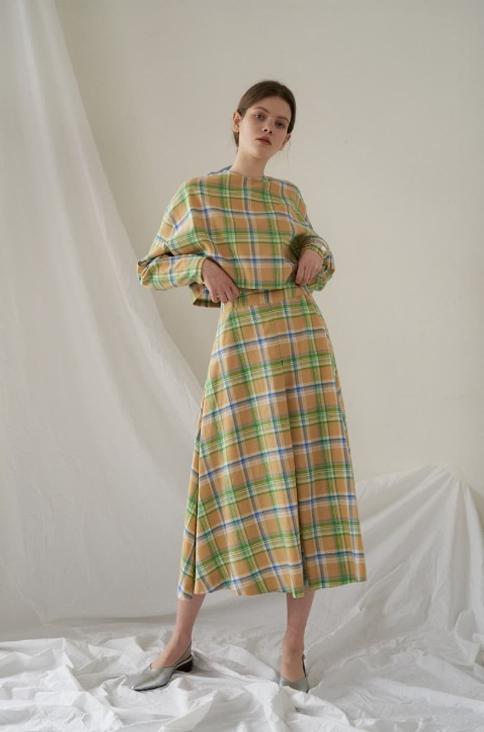 오버듀플레어 옐로우체크 투피스 블라우스스커트 상품이미지1