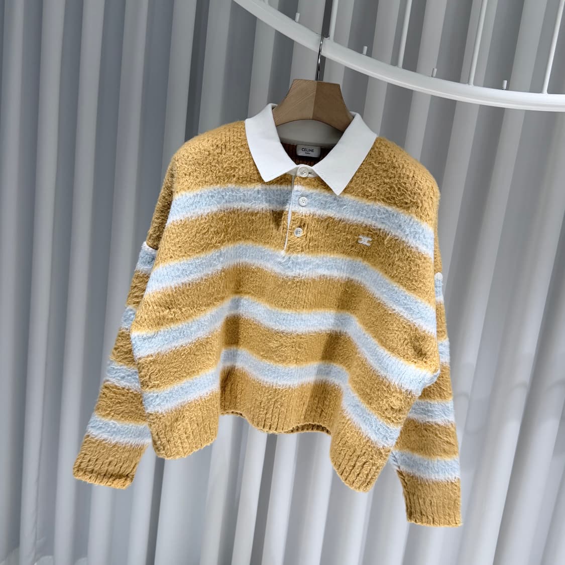 (S/M) 셀린느 크롭 로고 폴로 스트라이프 니트 스웨터 옐로우 상품이미지2