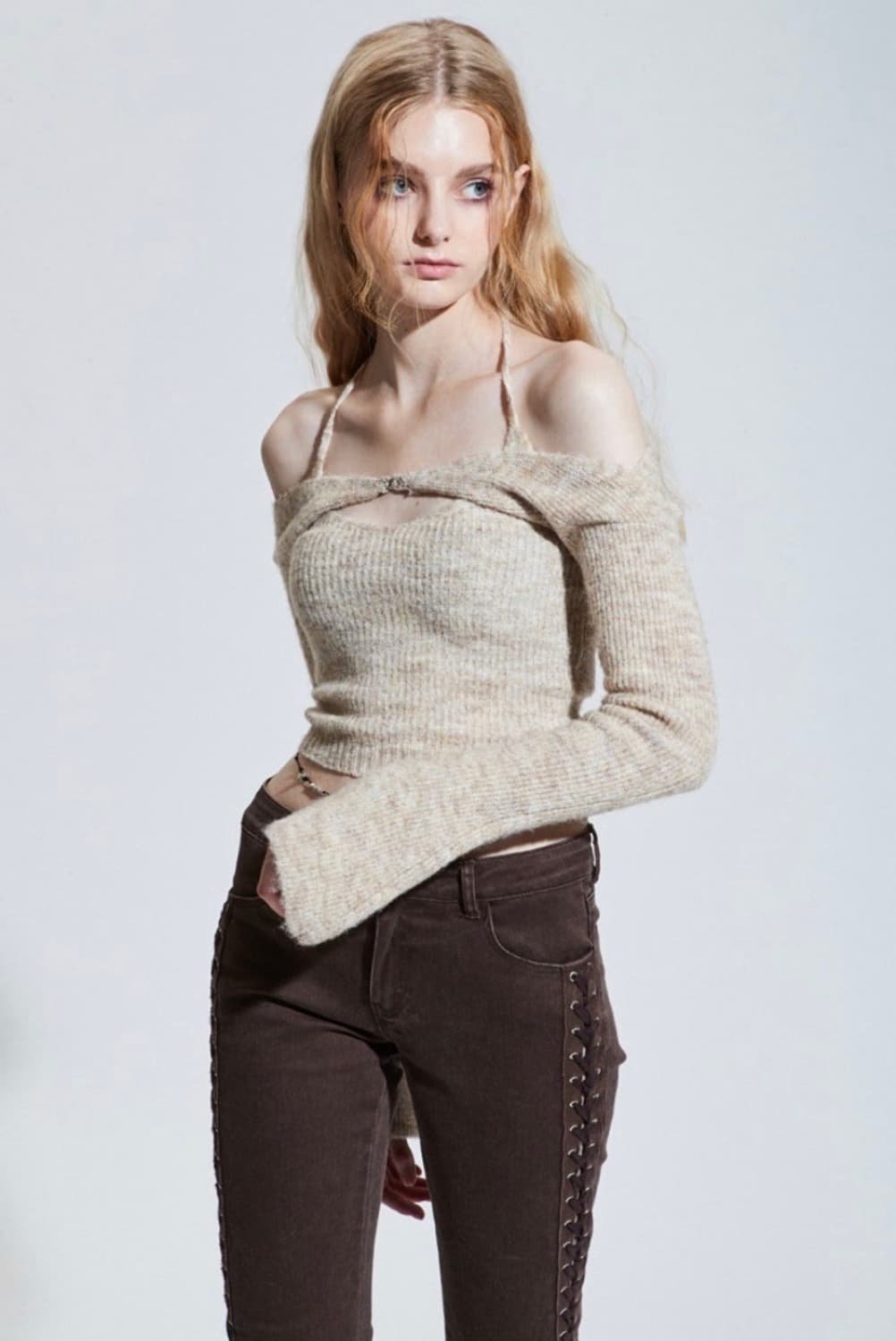 새상품) 페인오어플레져 세이렌 니트 볼레로 세트 멜란지베이지 유튜버착용 상품이미지2