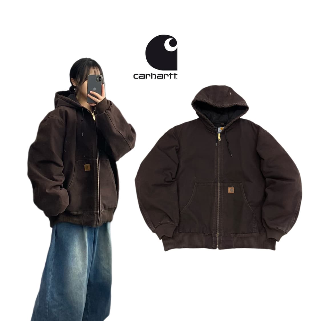 칼하트 OG J130 DKB 가죽패치 다크브라운 덕액티브 후드 워크자켓 상품이미지1