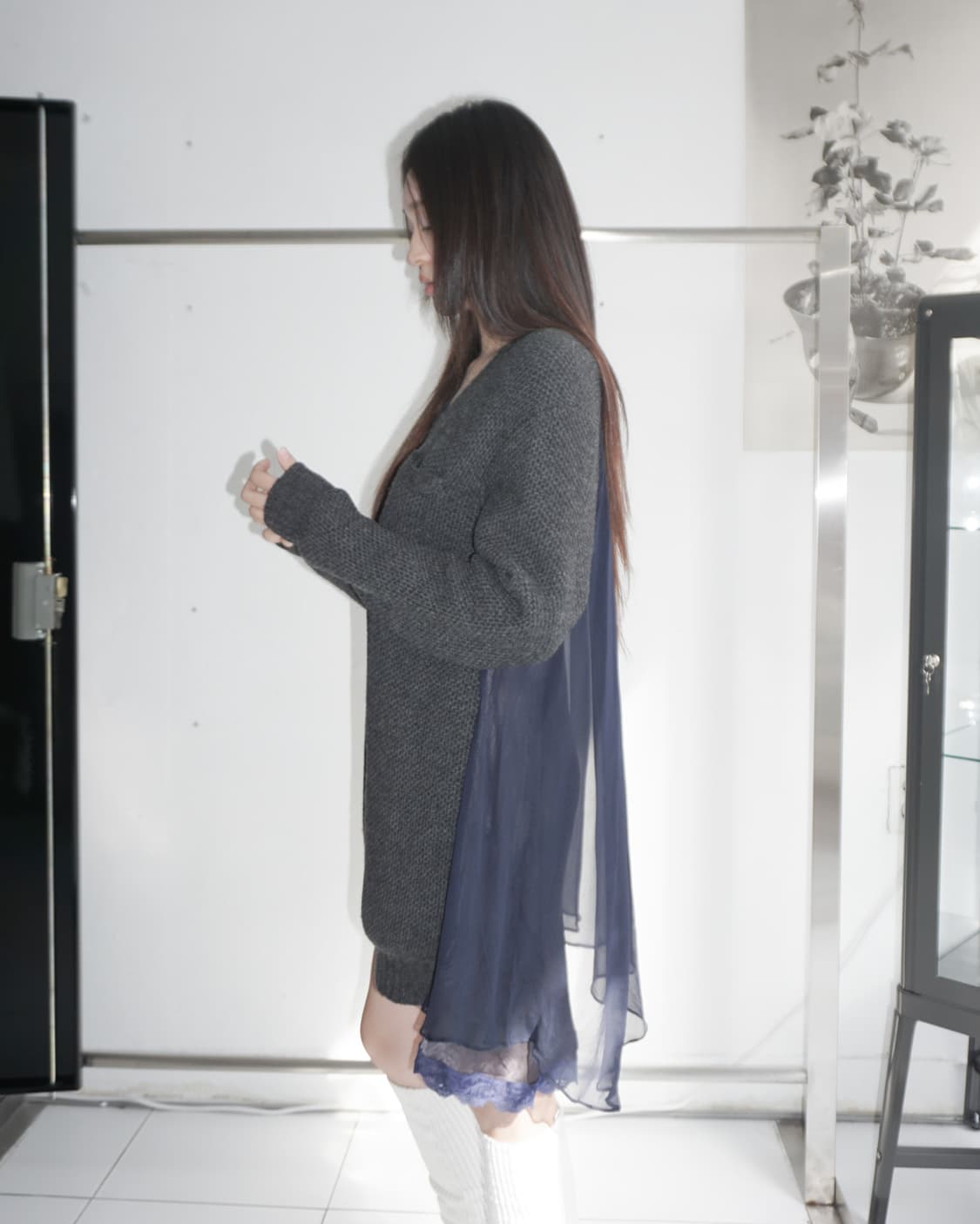SACAI layered knit chiffon dress 상품이미지1