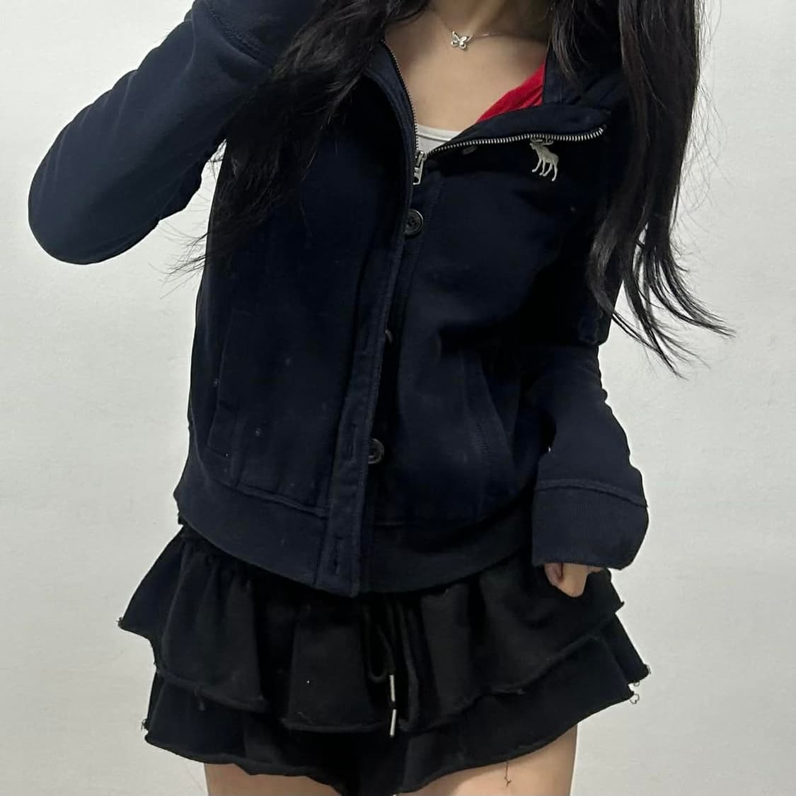 아베크롬비 y2k 블랙 대대장 스냅 버튼 후드 자켓 져지(M) 상품이미지3