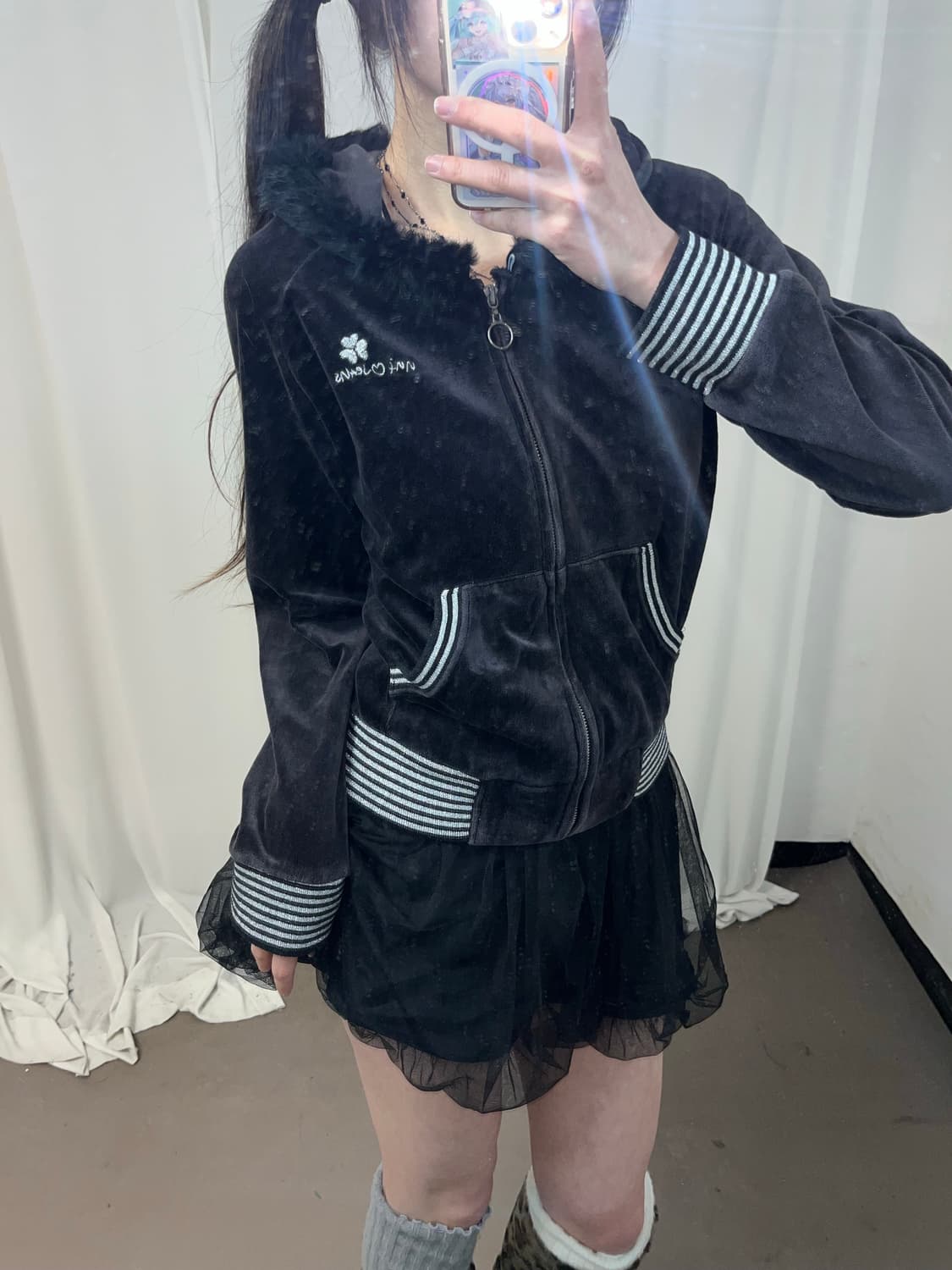 Y2K무드 블랙 벨벳 퍼트리밍 후드집업 상품이미지3