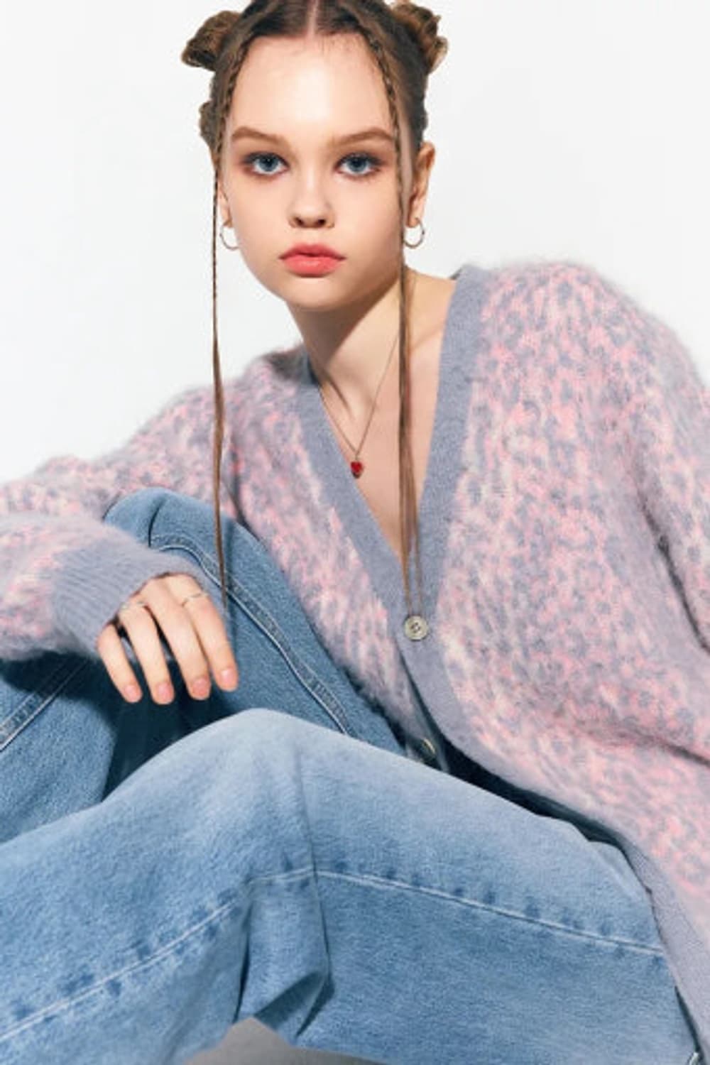 에즈이프캘리 레오파드 니트 가디건 핑크 상품이미지1