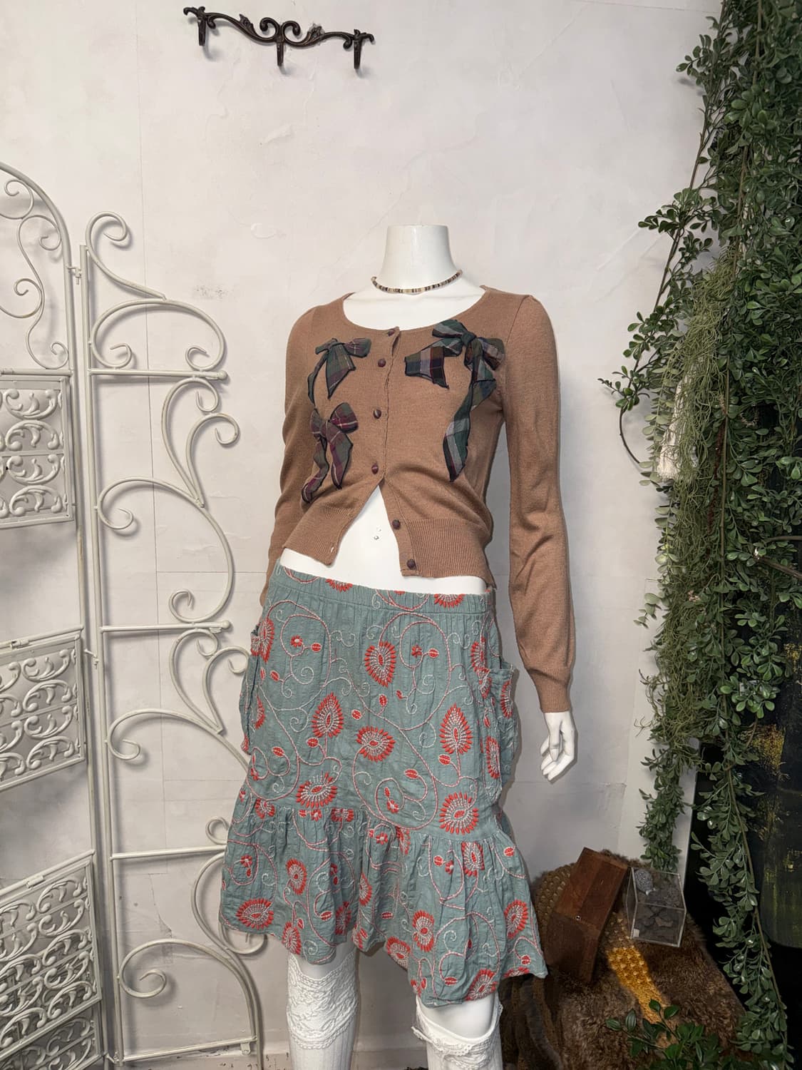 Indi pink check ribbon button knit 상품이미지1