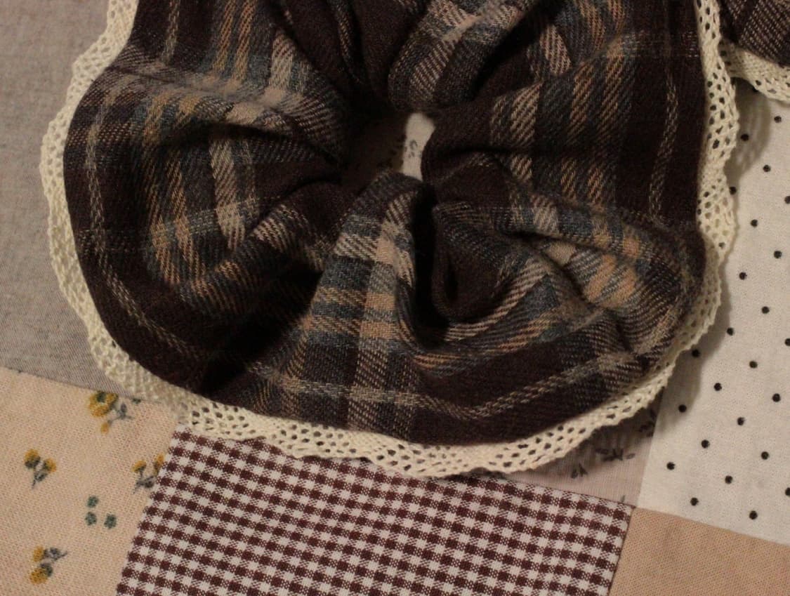 핸드메이드 레이스 브라운 체크 스크런치 상품이미지5