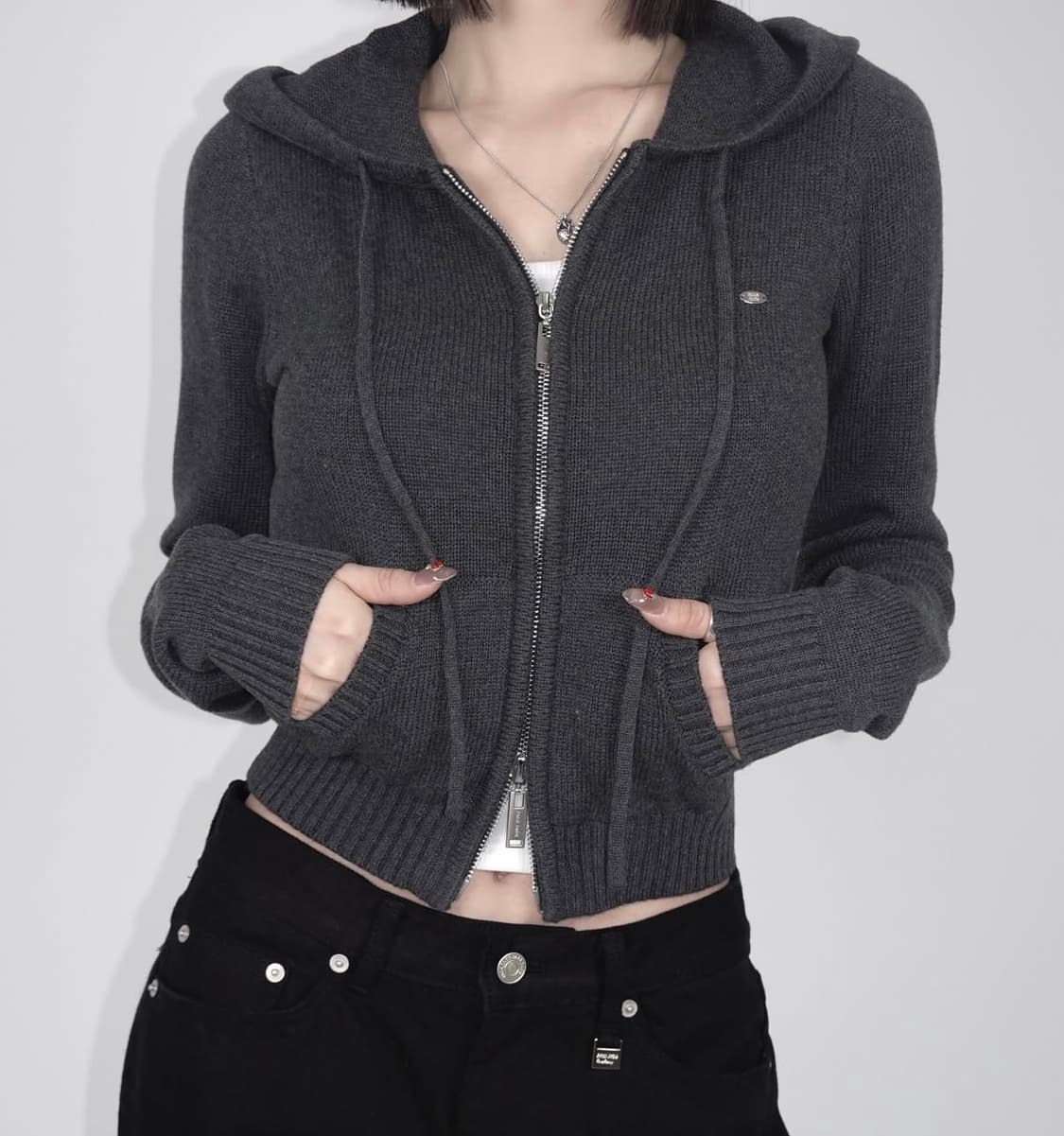 페일제이드 코튼 니트 후드 집업 - 차콜 상품이미지1