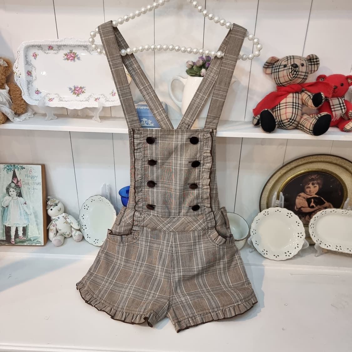 Tralala 트랄라라 클래식 체크 프릴 오버롤 쇼츠 상품이미지4