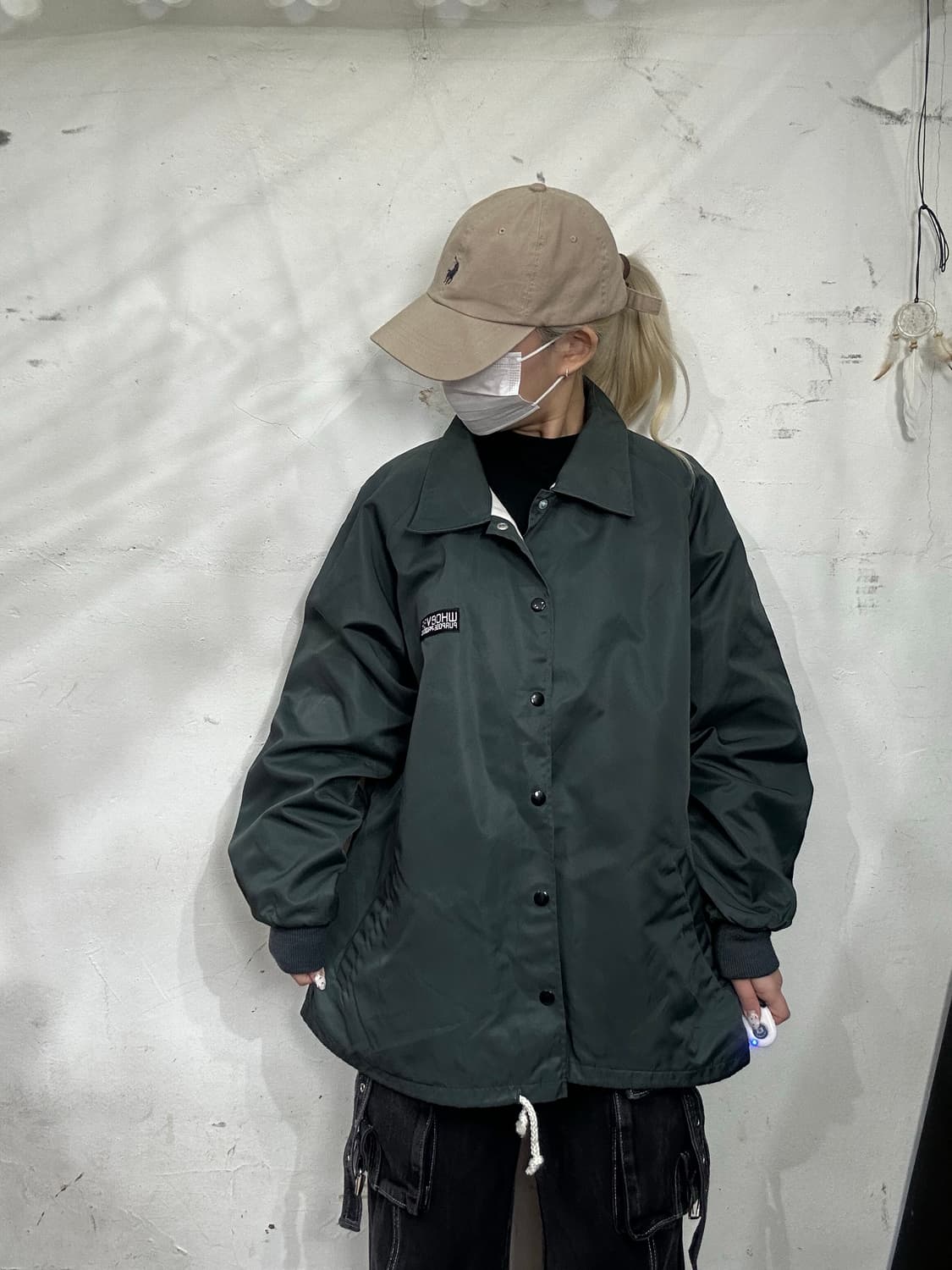 일본 빈티지 카키 프린팅 빅 로고 오버핏 바람막이 트랙 코치 자켓 M 상품이미지2