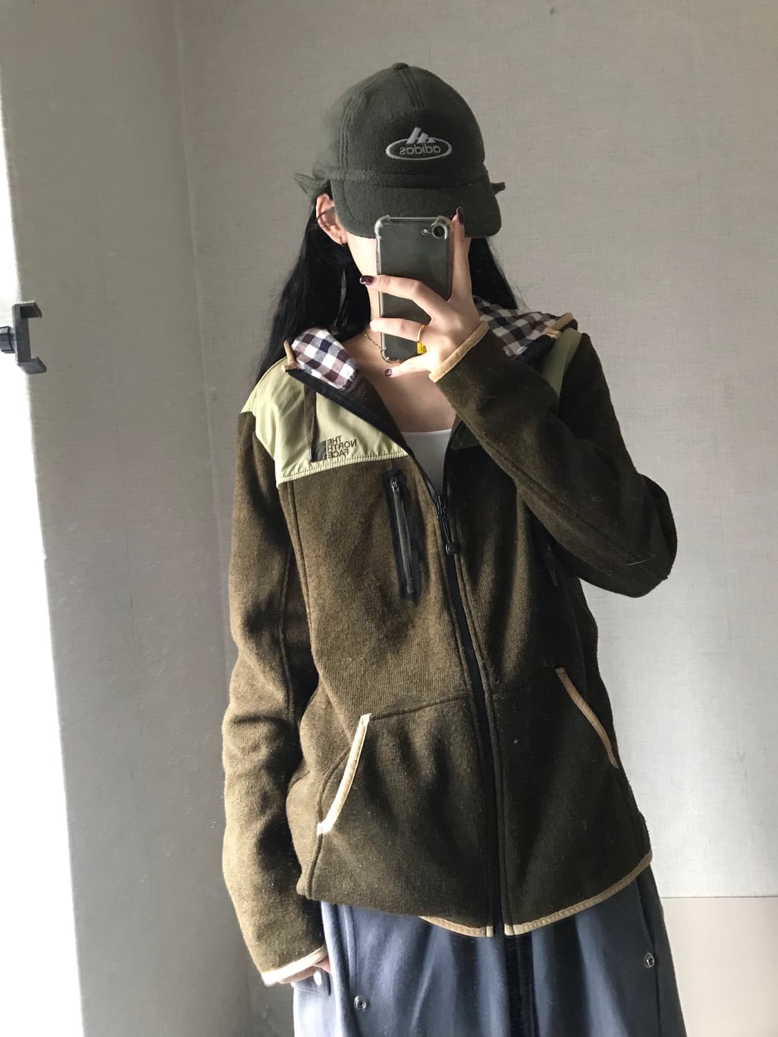 노페 카키브라운 체크후드 후리스 상품이미지1