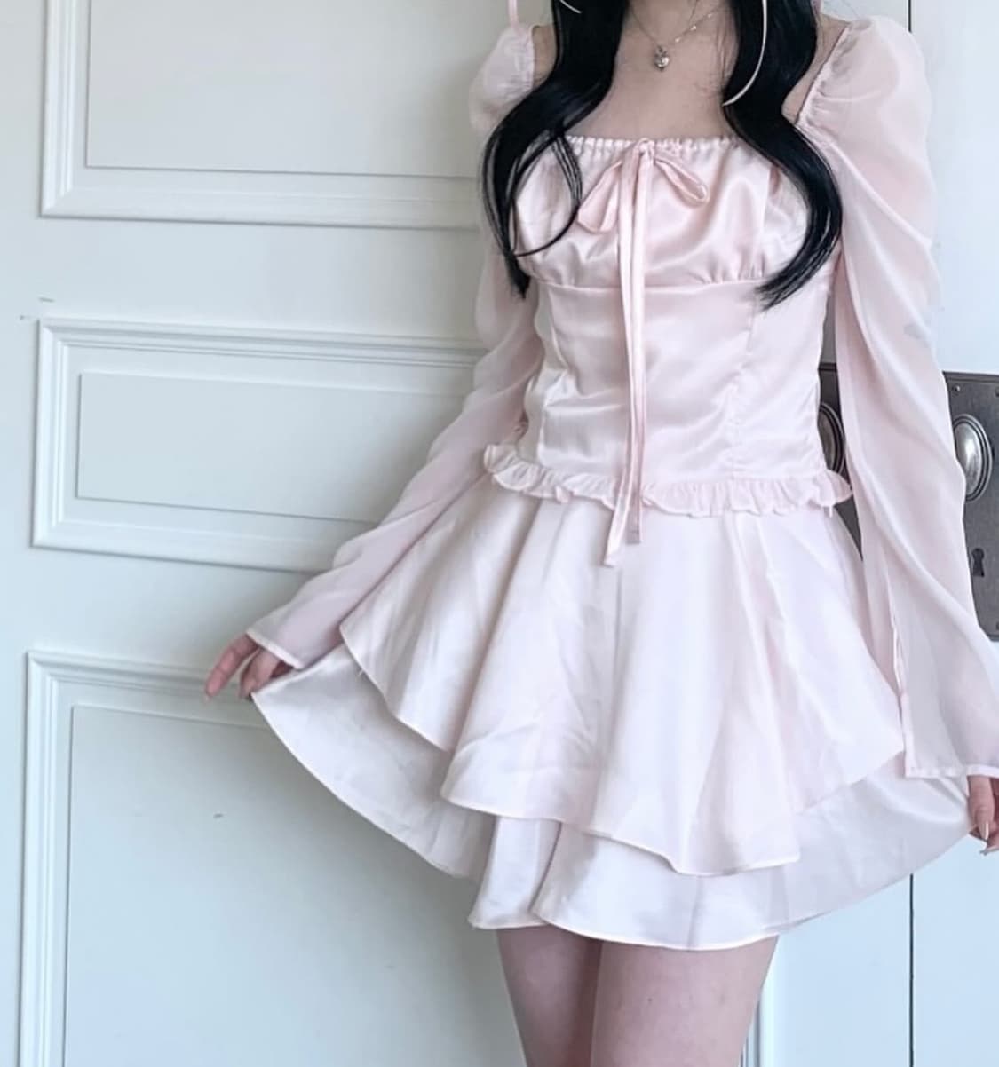 로맨틱 새틴 플레어 드레스 핑크 클리시어 코프 상품이미지2