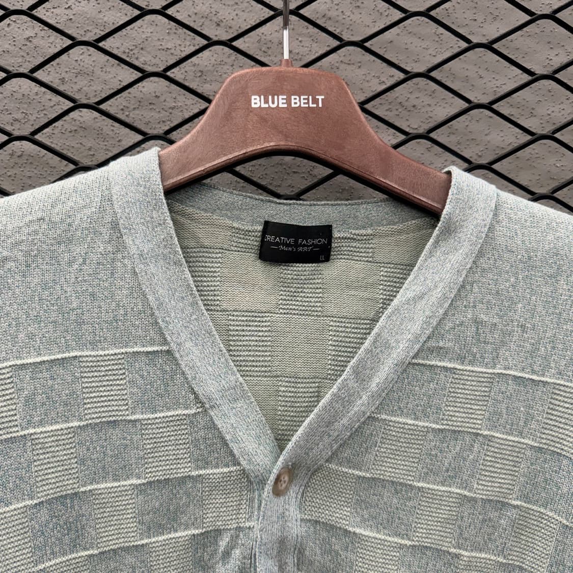 JPN VINTAGE V넥 가디건 엠보싱 라인 리버스 블록 패턴 디테일 상품이미지6