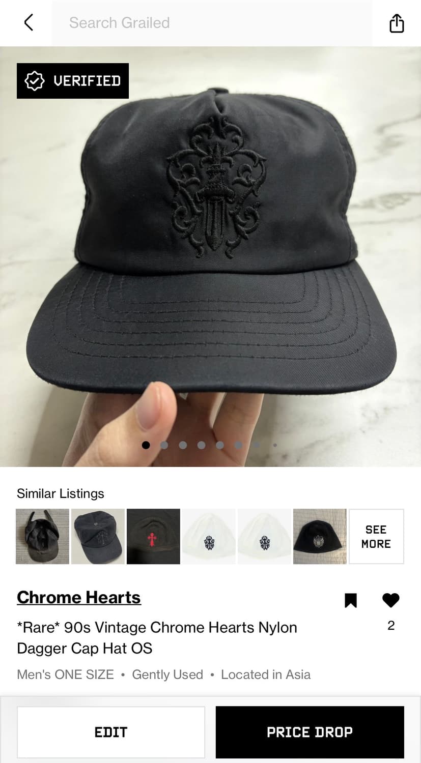 레어) 90s 올드 크롬하츠 나일론 대거 자수 캡 모자 블랙 OS 상품이미지10