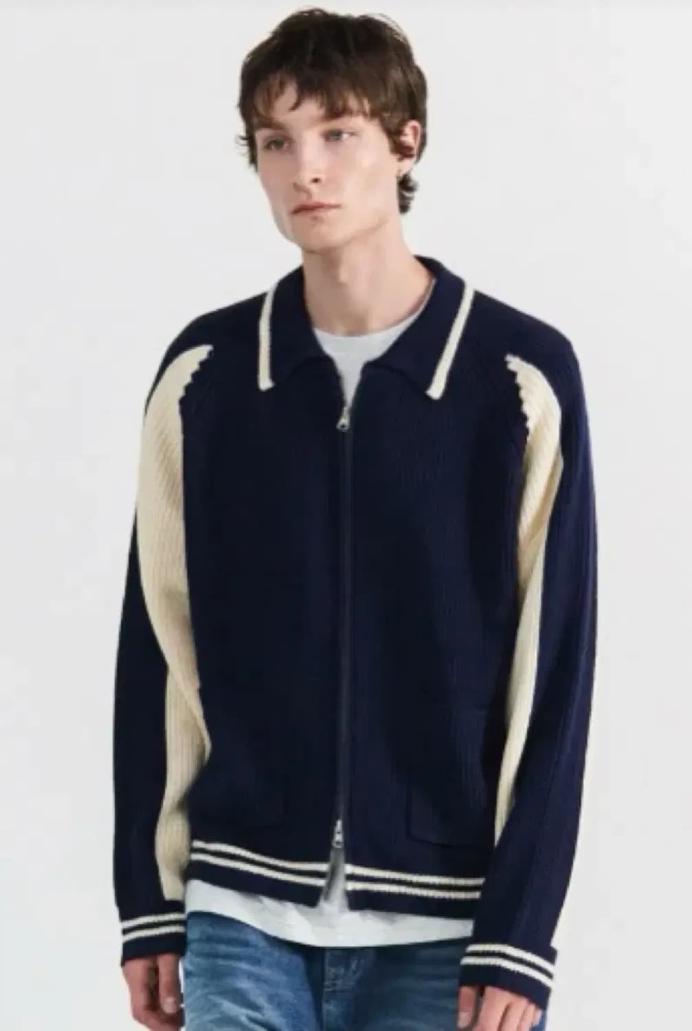 LEIRE 르아르 배색 카라 니트 집업 가디건 그레이 (L) 상품이미지1