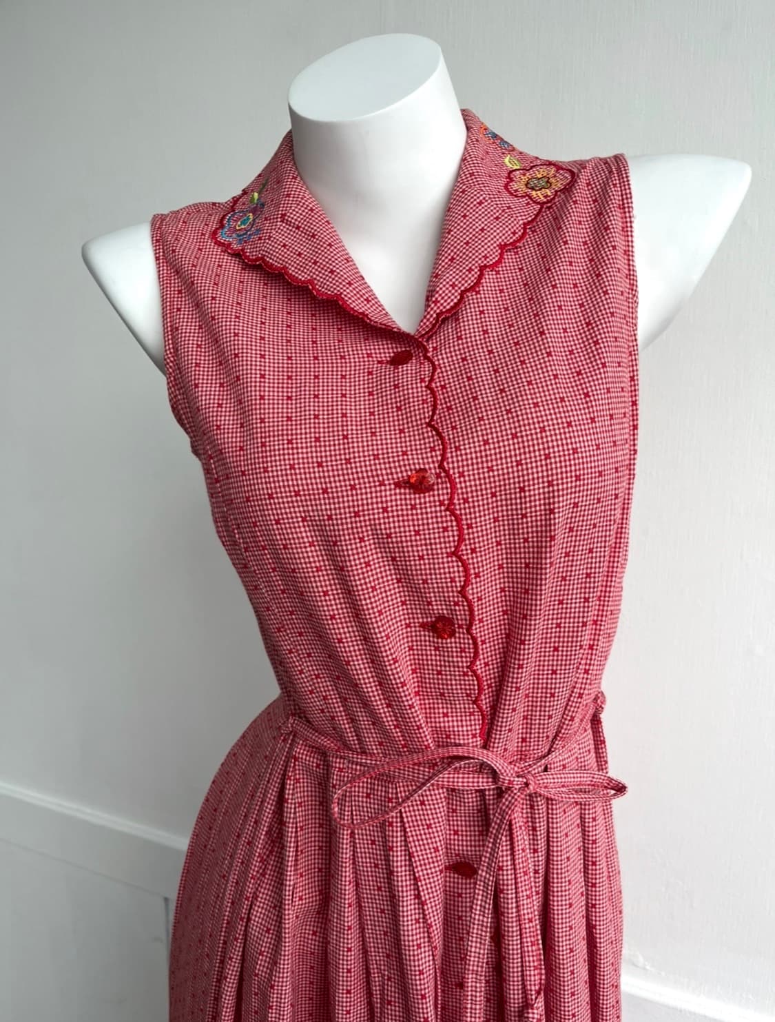 Porta Nuova 빈티지 레드 깅엄 체크 자수 원피스 상품이미지2