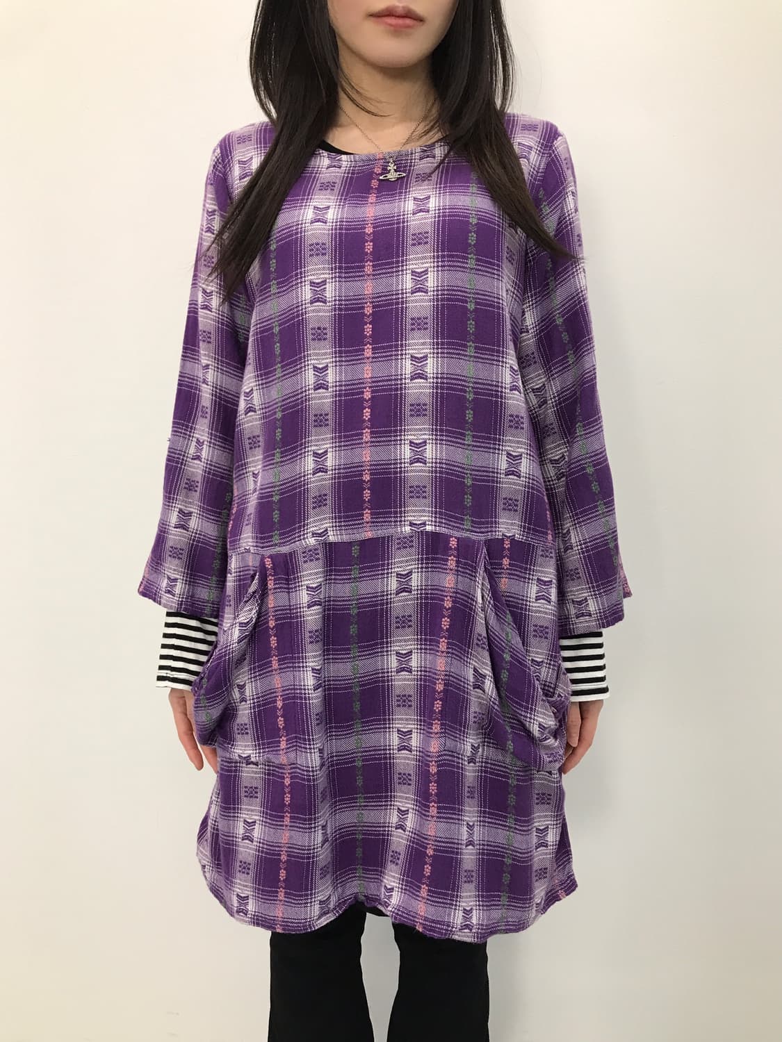 'Yul' Purple Ethnic Check Tunic Dress 상품이미지2