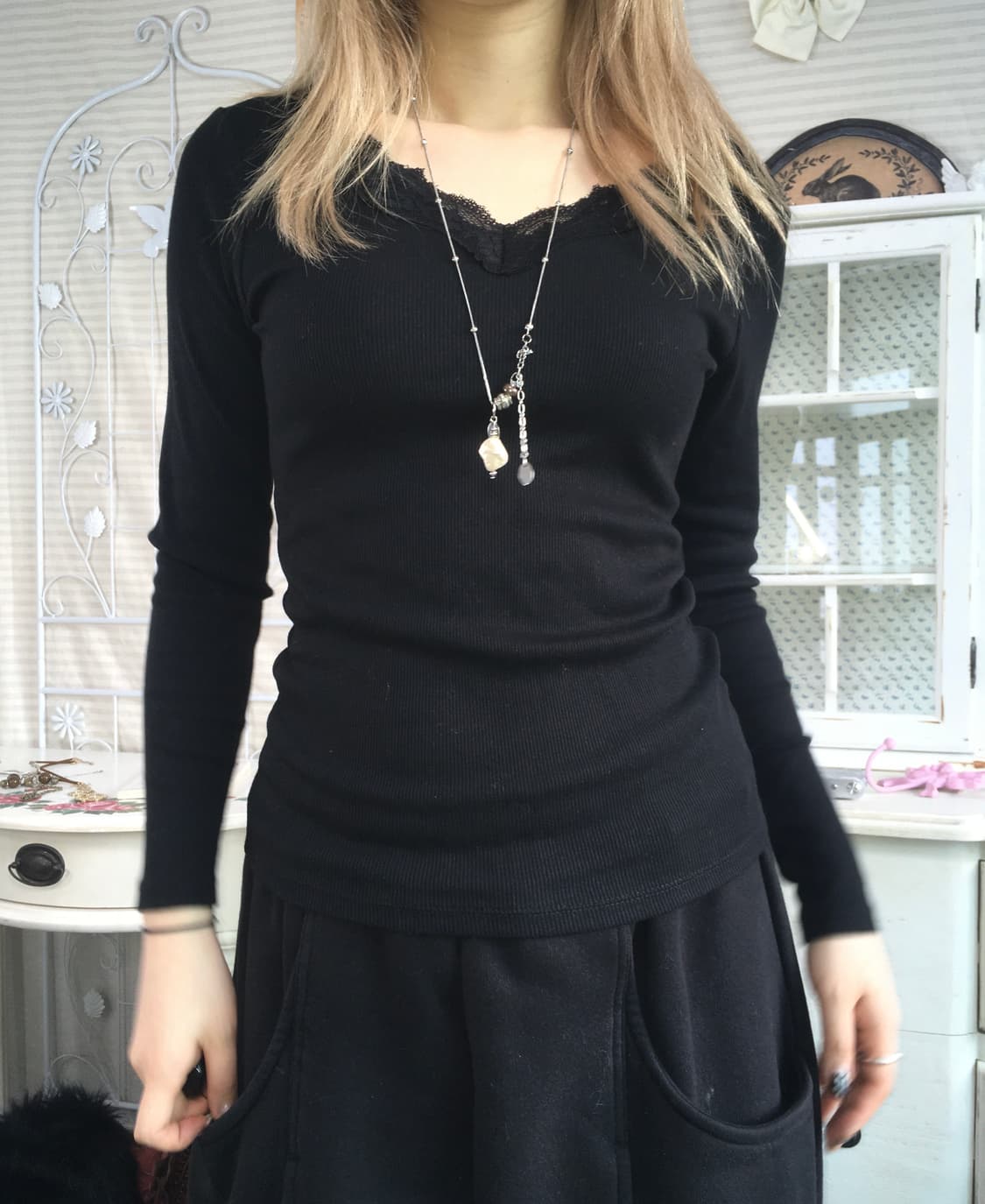 일본빈티지 블랙 레이스 슬림핏 오프숄더 롱 슬리브 상품이미지2