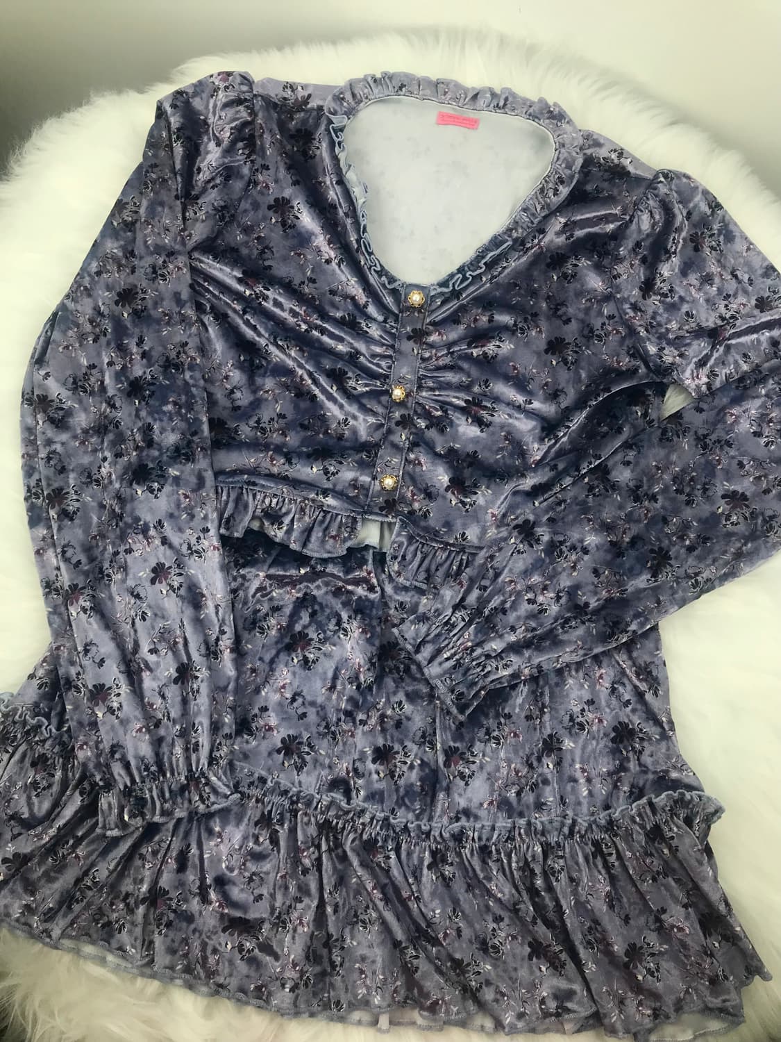 라벤더 플로럴 벨벳 셋업 크롭블라우스 보라색스커트세트 빈티지모리걸원피스 상품이미지5