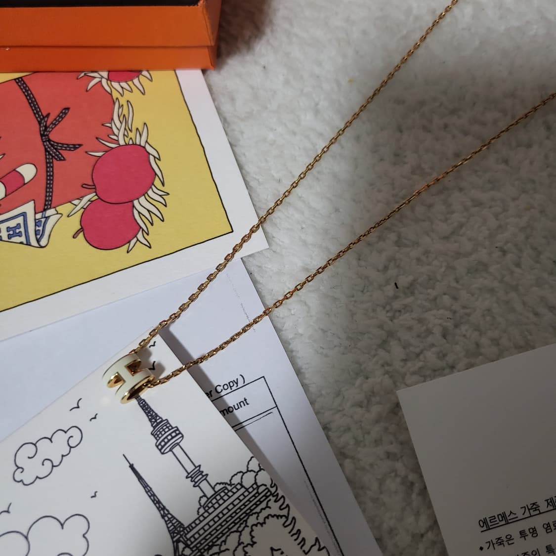 [1회착용/풀구성] MINI / 에르메스 팝아슈 목걸이 로즈골드 & 블랑 상품이미지4