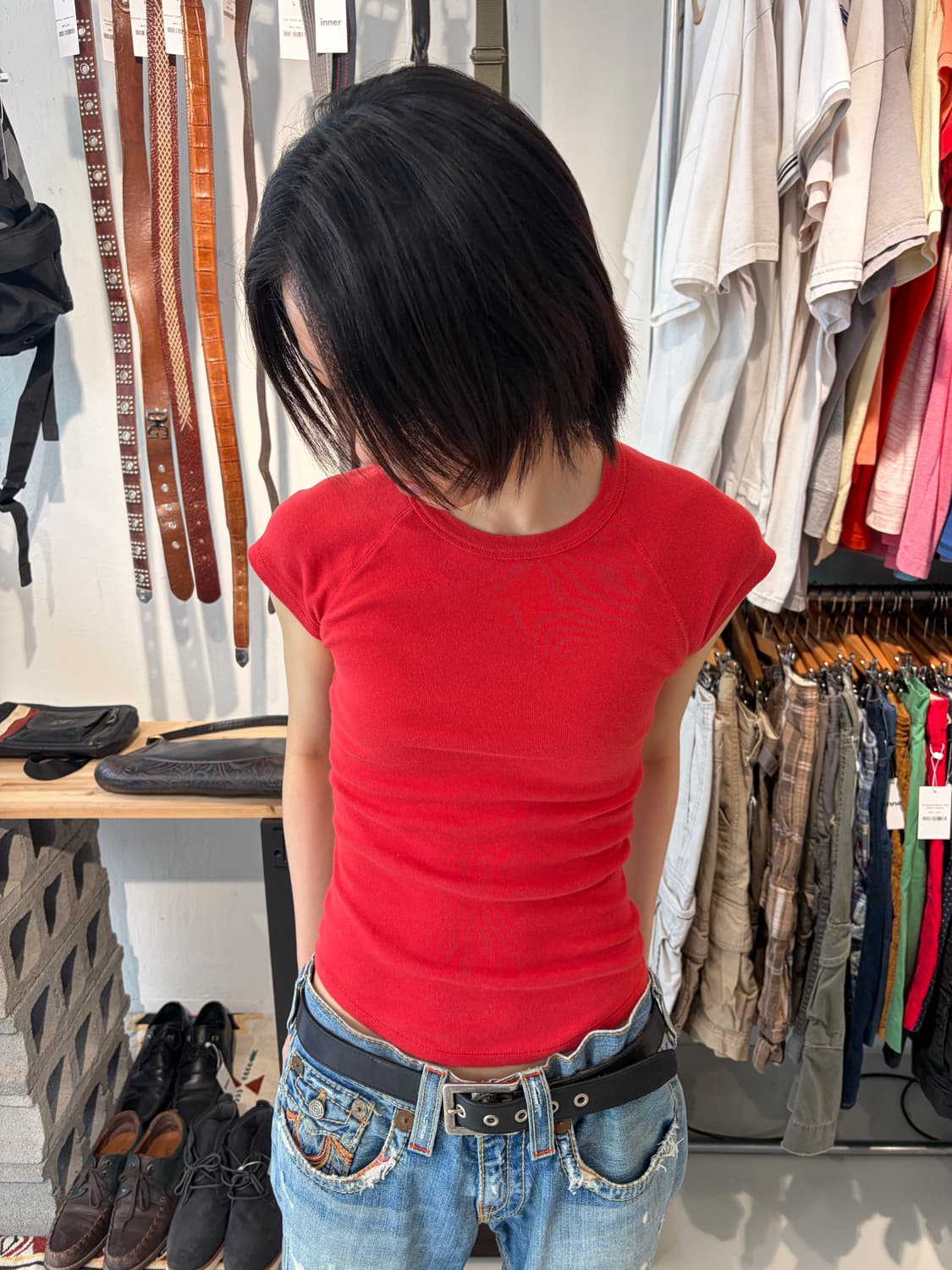 Benetton 레드 캡소매 반팔 티셔츠 S 상품이미지3