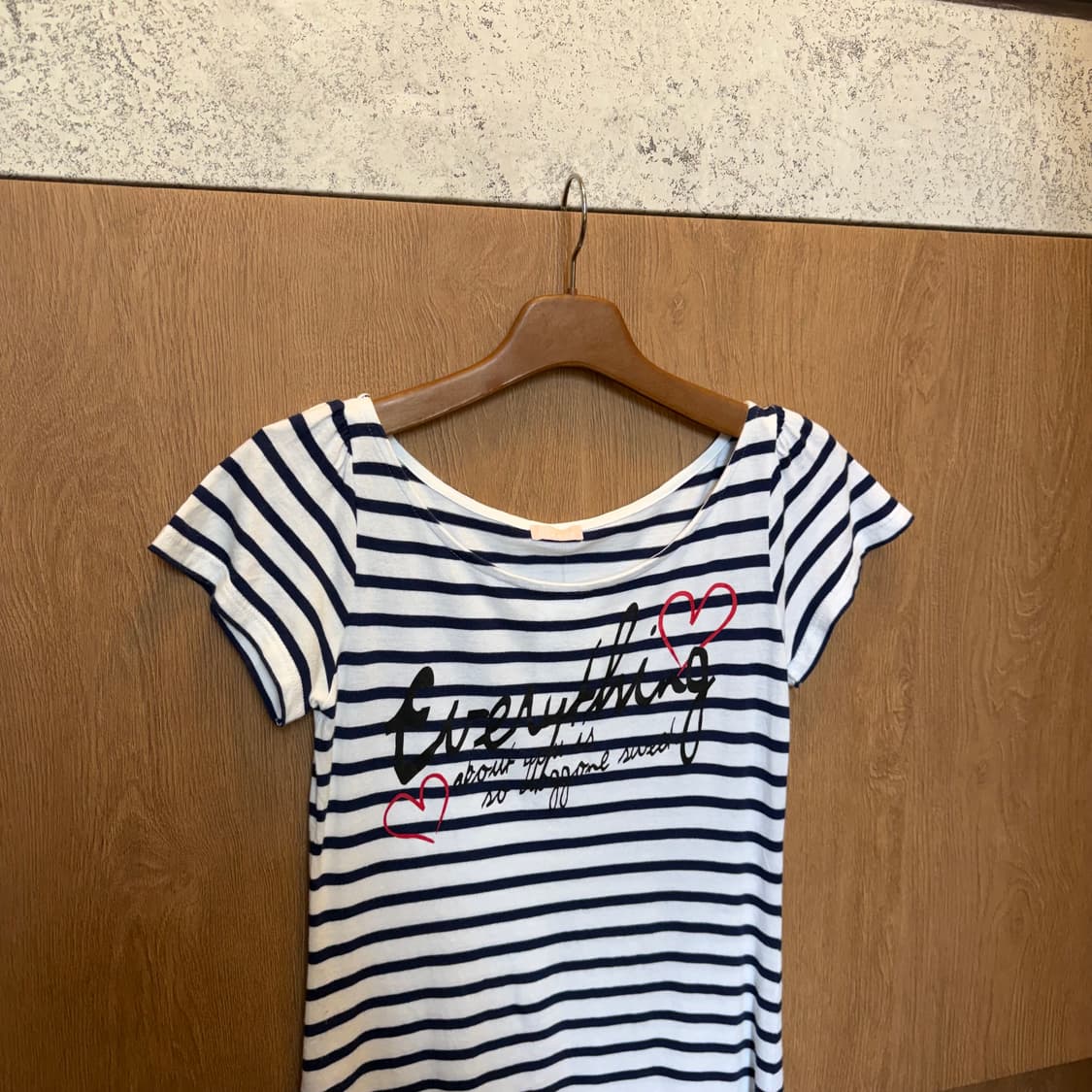 빈티지 반팔 롱 티셔츠 스트라이프 패턴 밑단 레이스 트리밍 슬림핏 화이트 상품이미지7