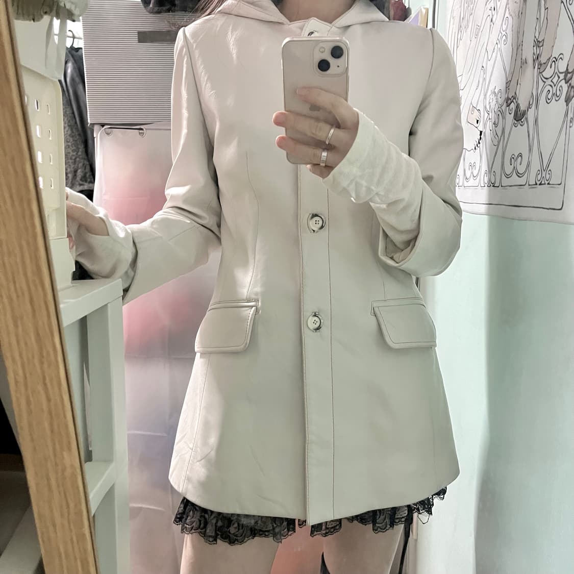 화이트 양가죽 후드 레더 자켓  상품이미지2