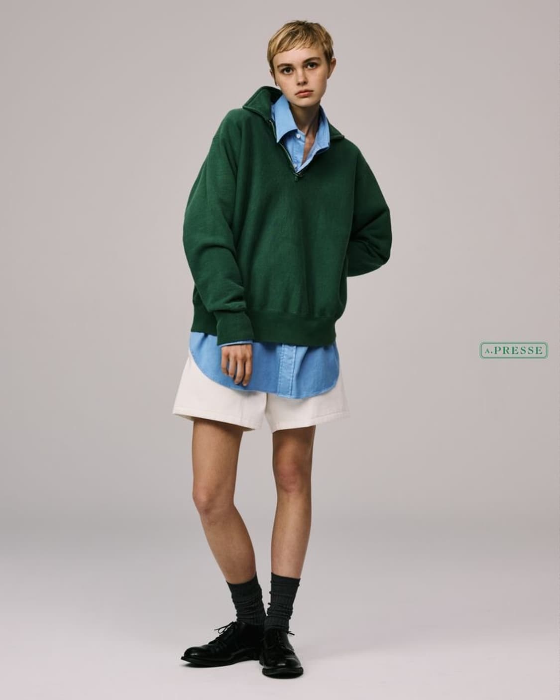 [2]아프레쎄 빈티지 그린 하프 집 스웻 셔츠 상품이미지5