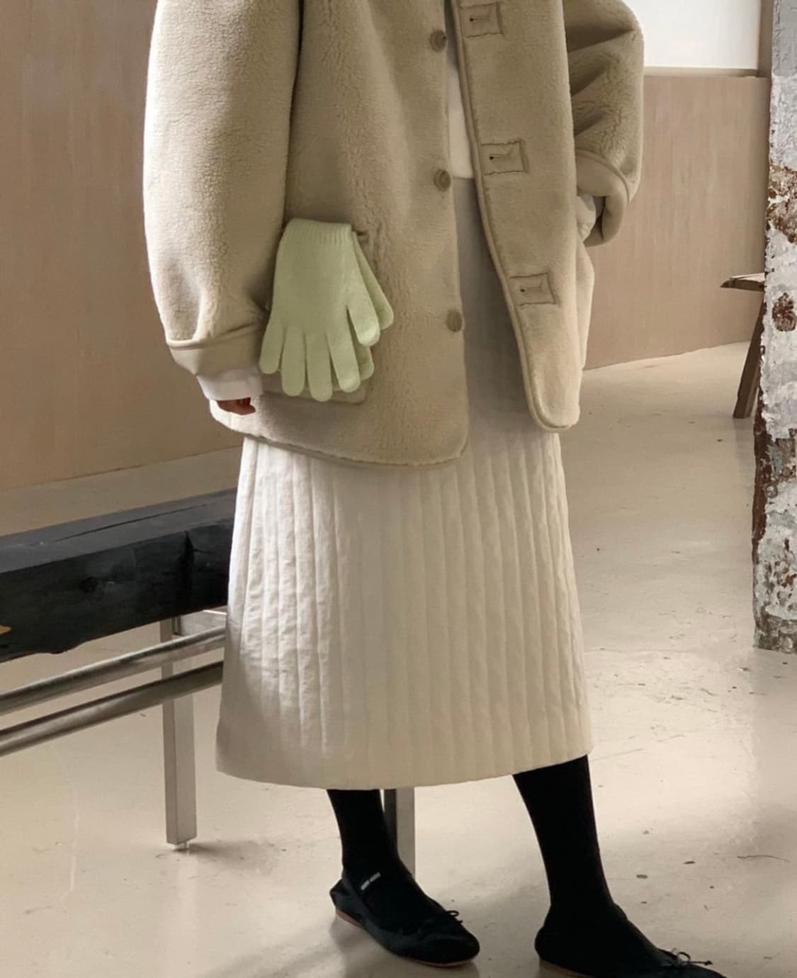 브런치 패딩 퀄팅 롱 스커트 아이보리 S 상품이미지3