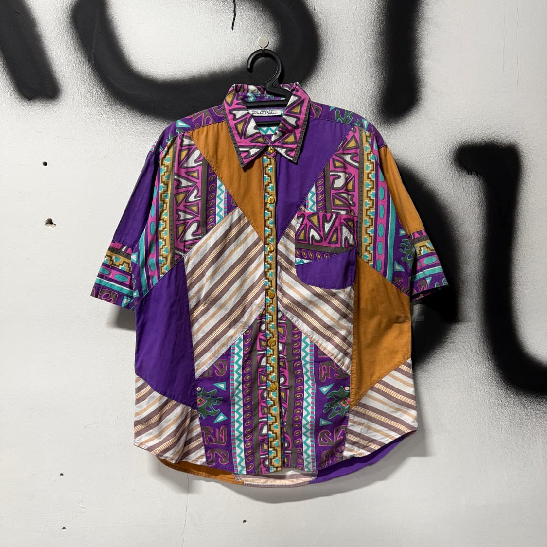 VTG 빈티지 에스닉 컬러블락 패치워크 코튼 반팔 셔츠 상품이미지1