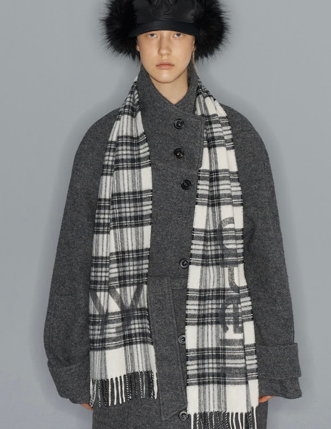 OPEN YY TARTAN WOOL SCARF, BLACK 상품이미지1