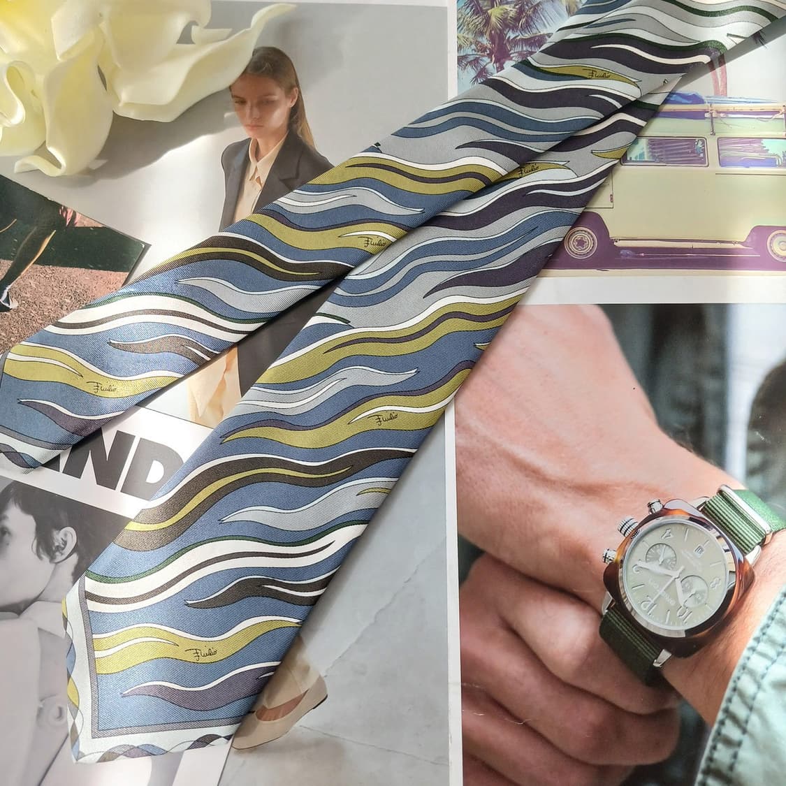 에밀리오푸치 실크 블루그린 웨이브 넥타이 8.7cm A+등급 A19014 상품이미지3