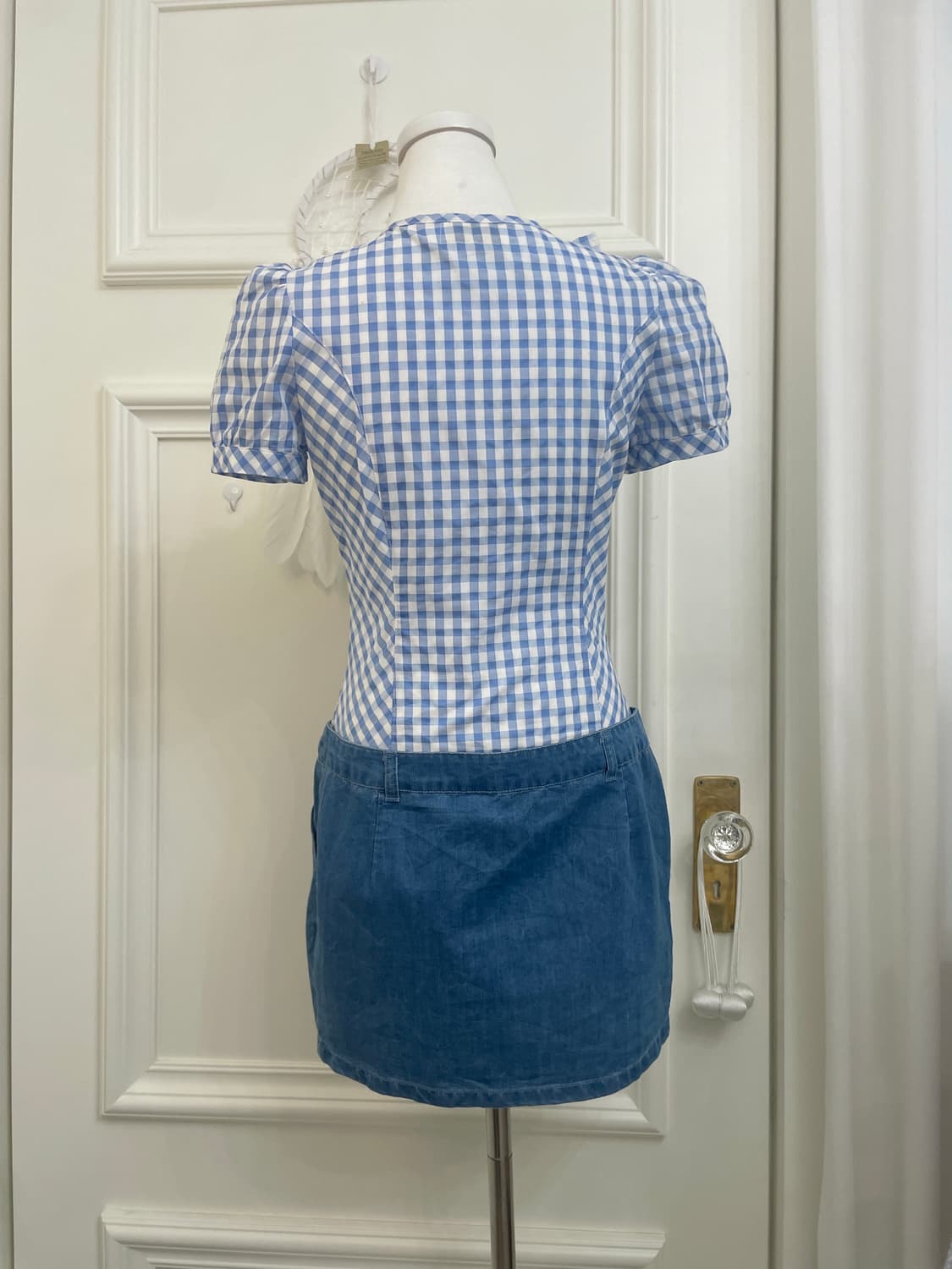 sky blue ginham check ruffle top denim s 상품이미지3