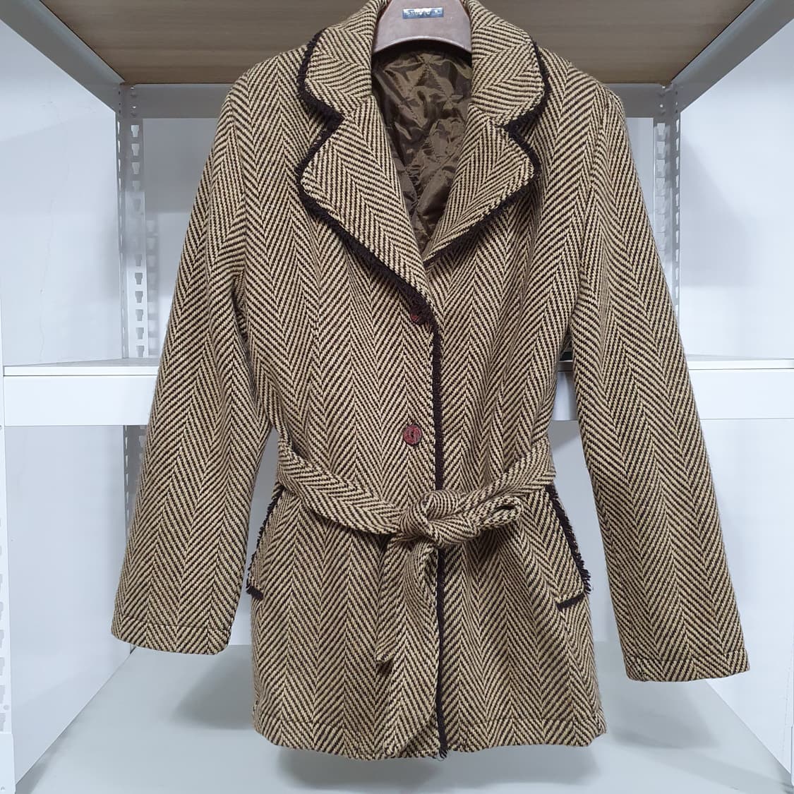 빈티지 너드 그런지 수술 디테일 모직 헤링본 벨티드 자켓 모리걸 레트로 상품이미지6