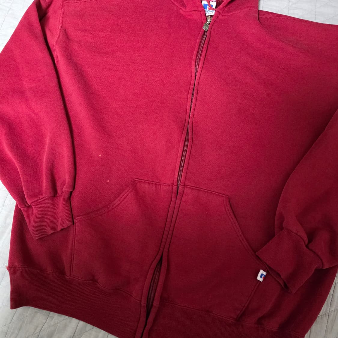 [XL] 90s USA 빈티지 러셀 후드 집업 레드/버건디 블리칭 상품이미지2