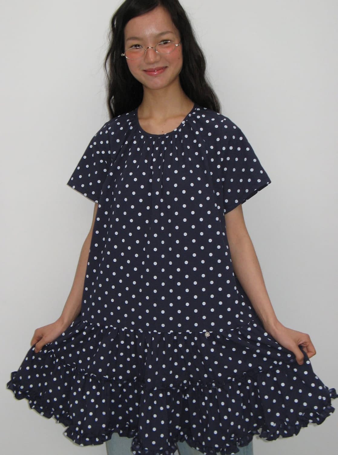 FRILL SHORT SLEEVE ONEPIECE DRESS NAVY 상품이미지4