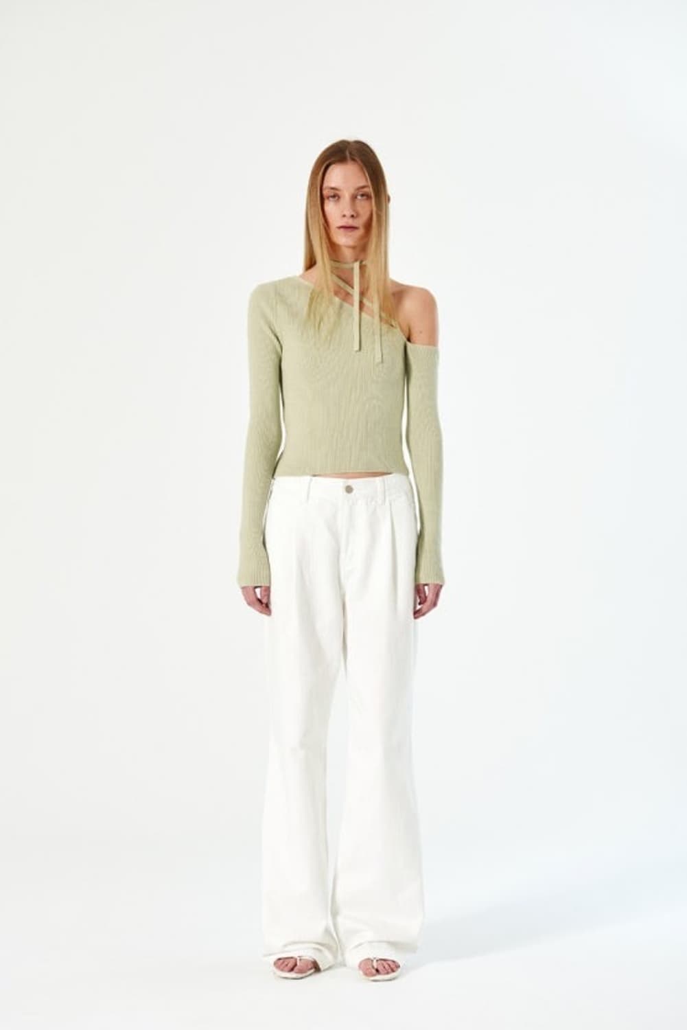 다이애그널 원 숄더 스트랩 니트 탑 민트 상품이미지1