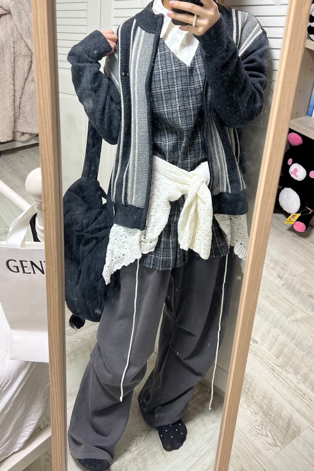 빈티지 코디셋 세로 스트라이프 니트 집업 가디건 트위드체크 원피스 상품이미지1