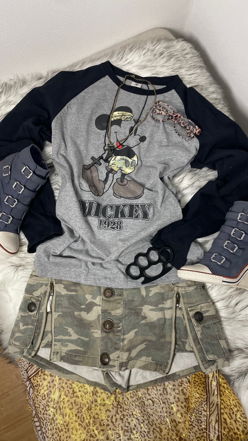 빈티지 카모 미키 래글런 티셔츠 상품이미지1