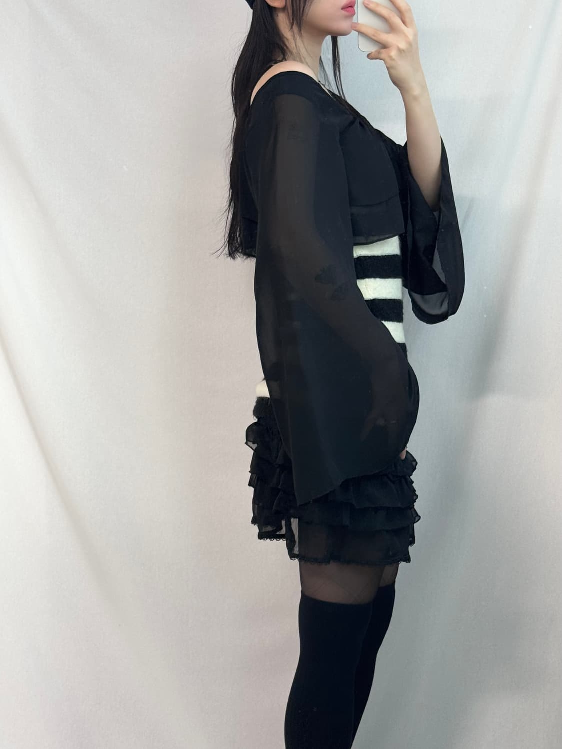 시폰 슬리브 스트라이프 패턴 니트 탑 상품이미지3