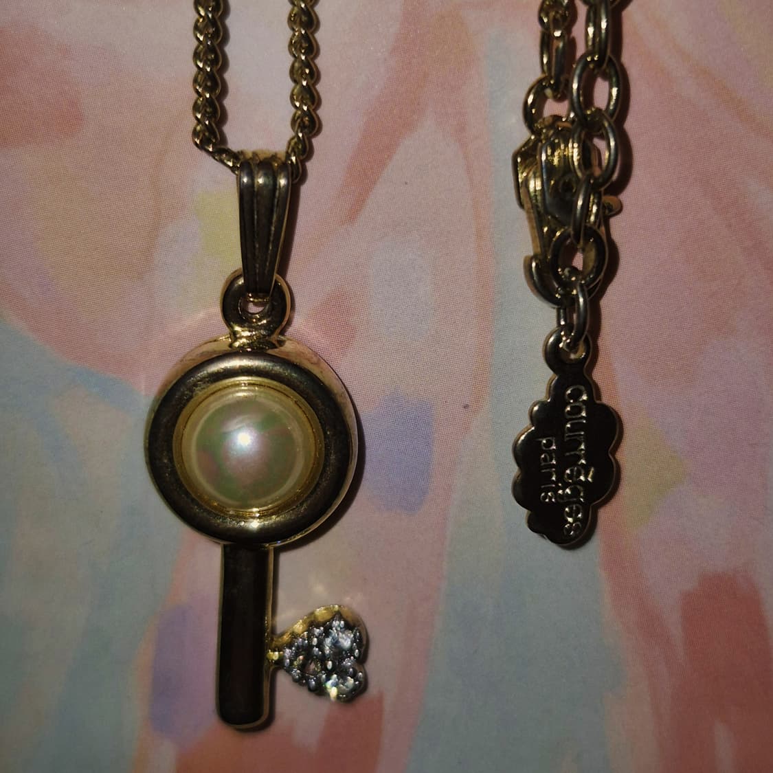 90s 프랑스 꾸레쥬 진주 하트 열쇠 큐빅 목걸이 상품이미지6