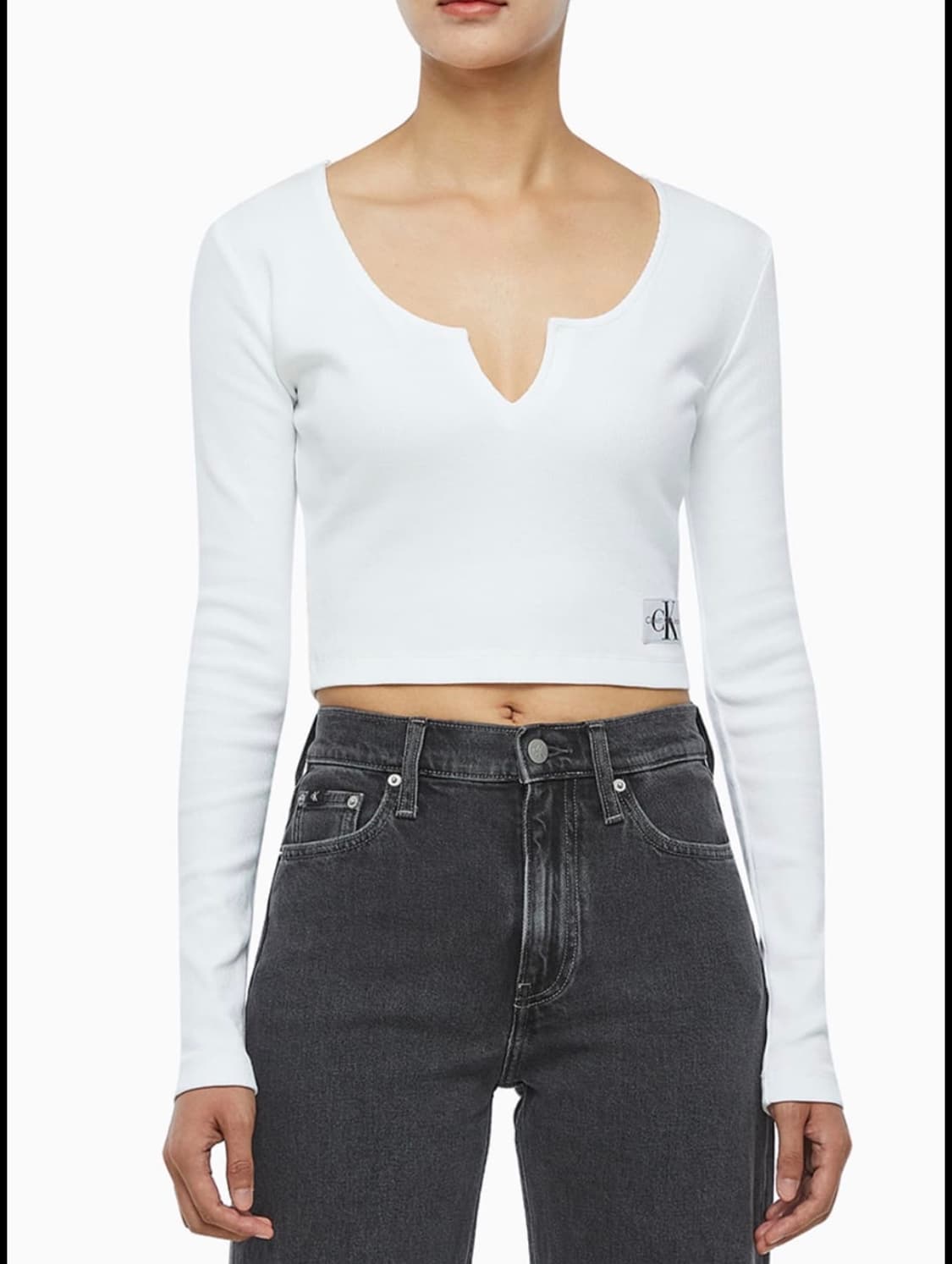 캘빈클라인 스플리트 카라 립 롱 슬리브 크롭 티  상품이미지1