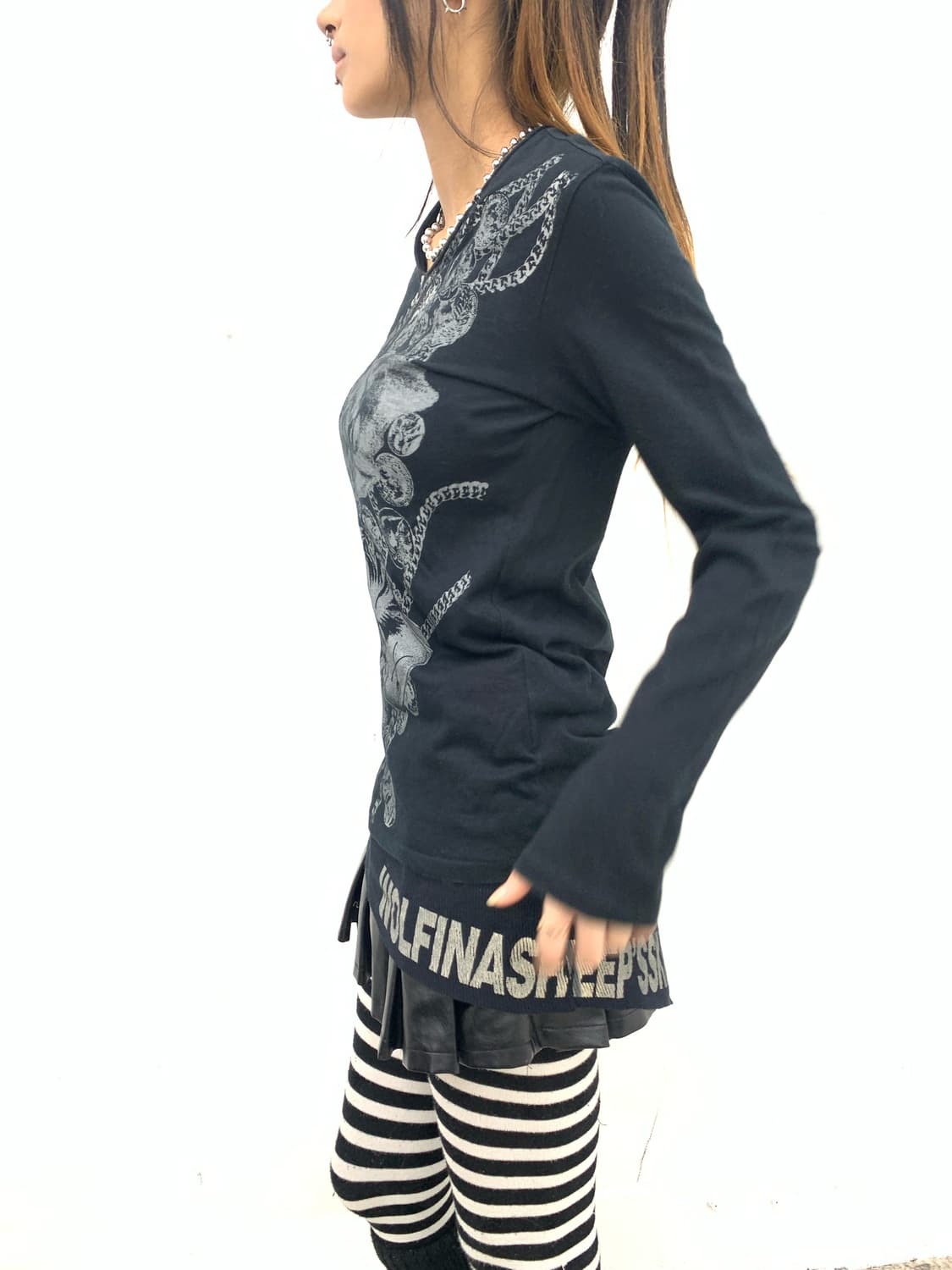 Chain detail pierced punk sleeve   상품이미지4